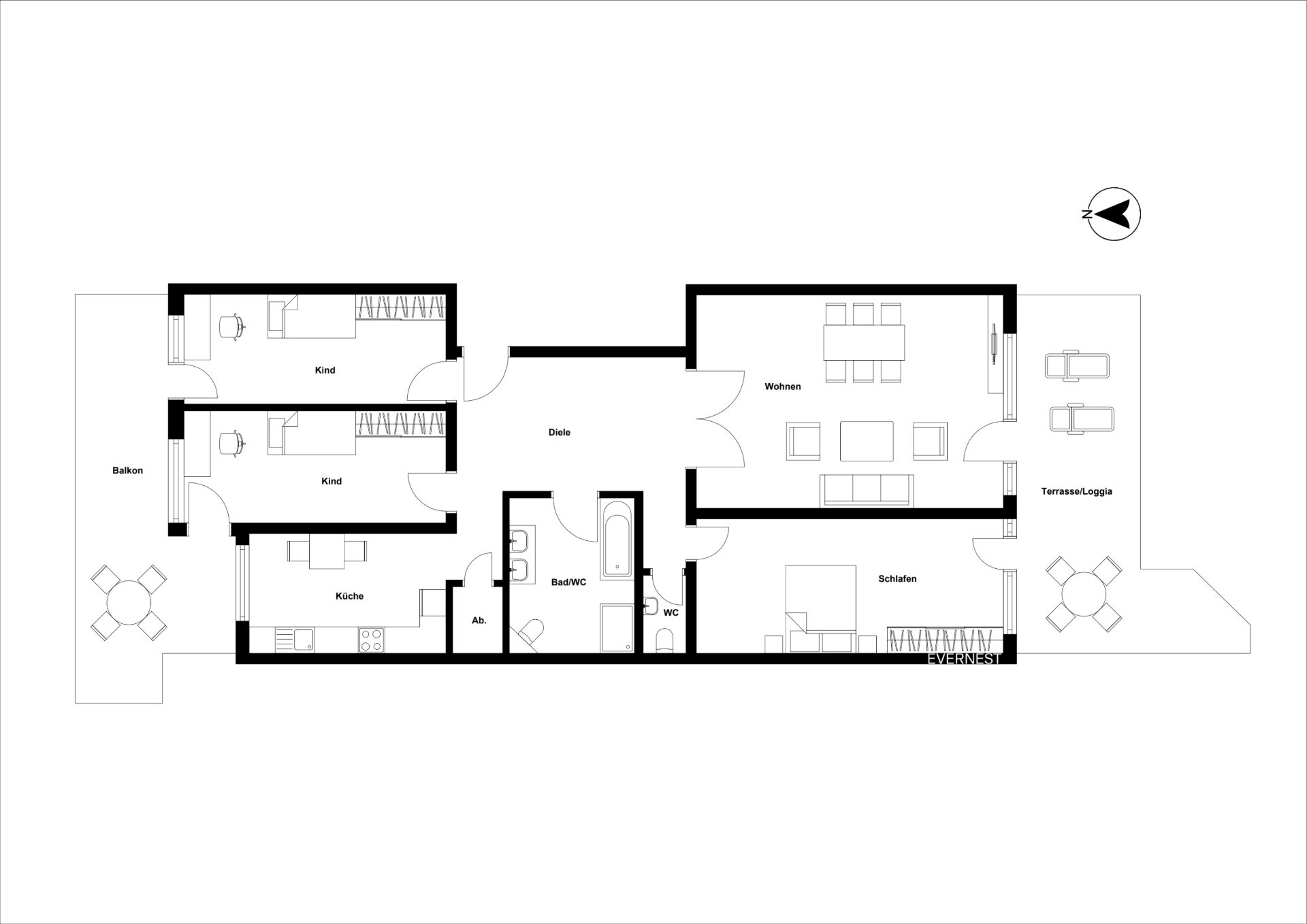 Grundriss einer Wohnung mit zwei Kinderzimmern, Schlafzimmer, Wohnzimmer, Küche, Bad und zwei Balkonen.