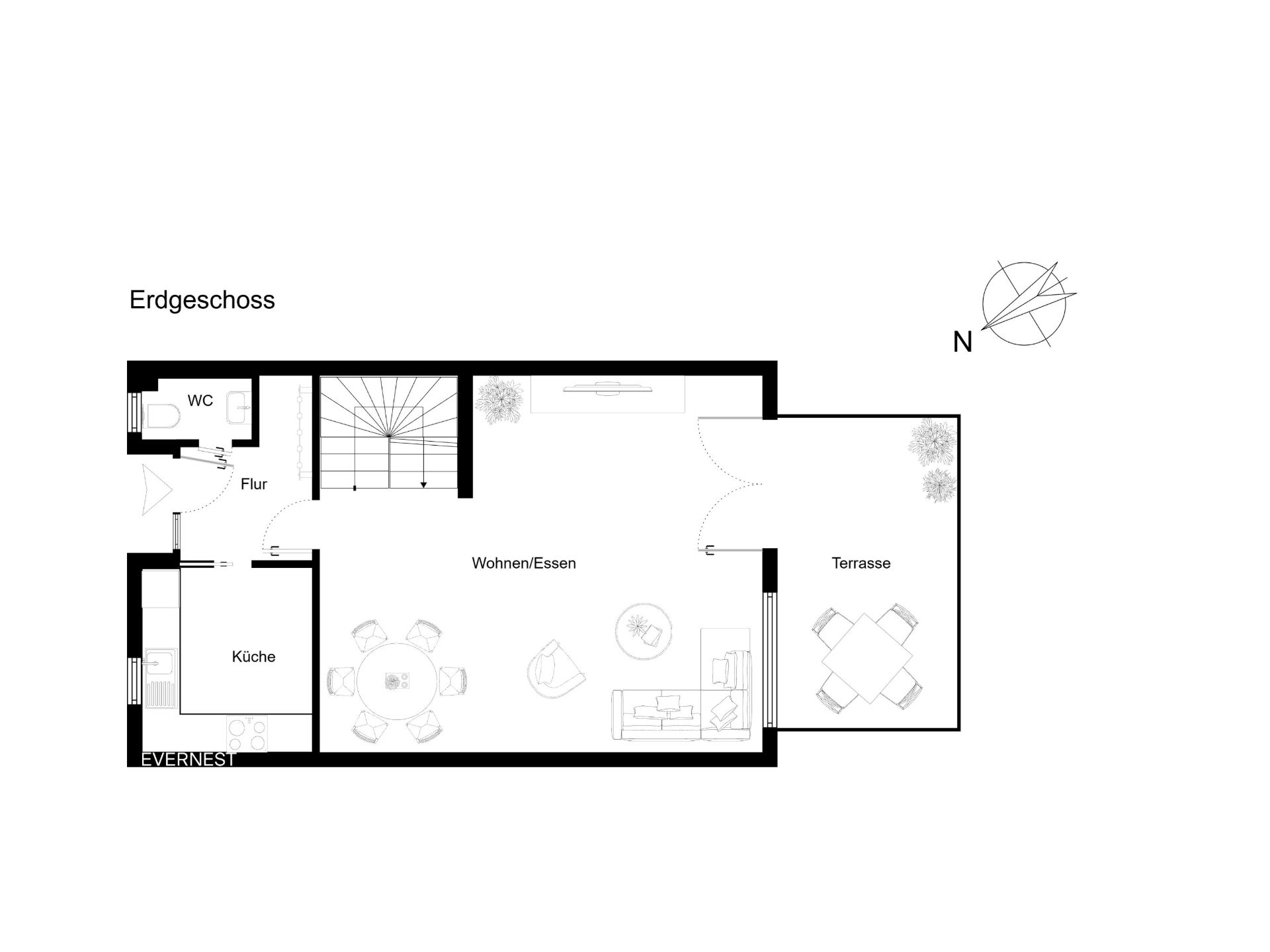 Grundriss des Erdgeschosses mit Küche, Wohn- und Essbereich, WC, Flur und Terrasse.