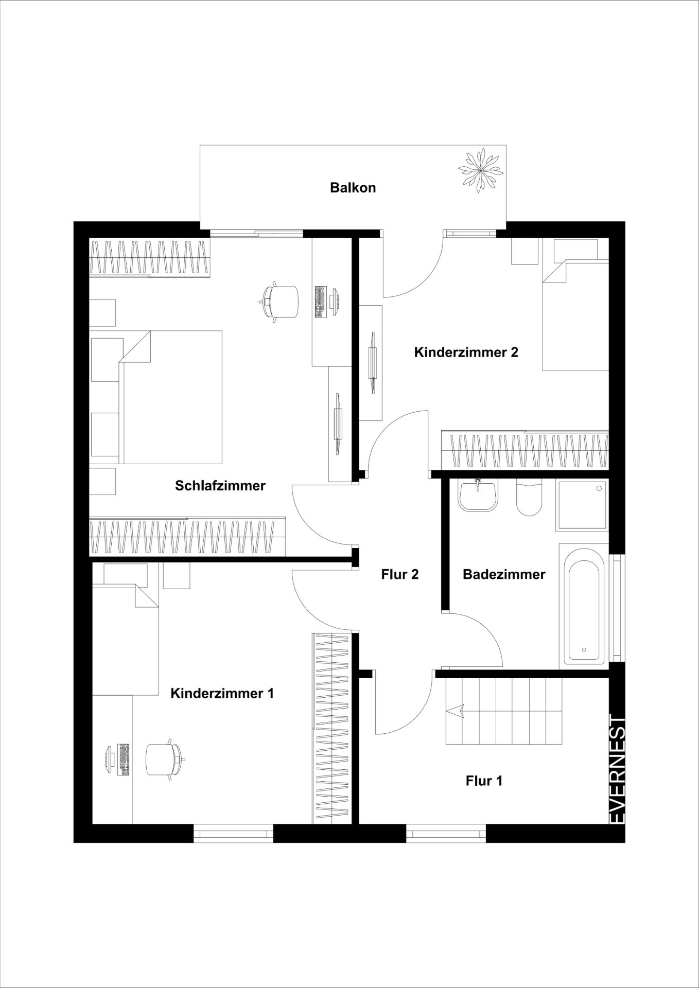 Grundriss einer Etage mit Schlafzimmer, zwei Kinderzimmern, Badezimmer, zwei Fluren und Balkon.