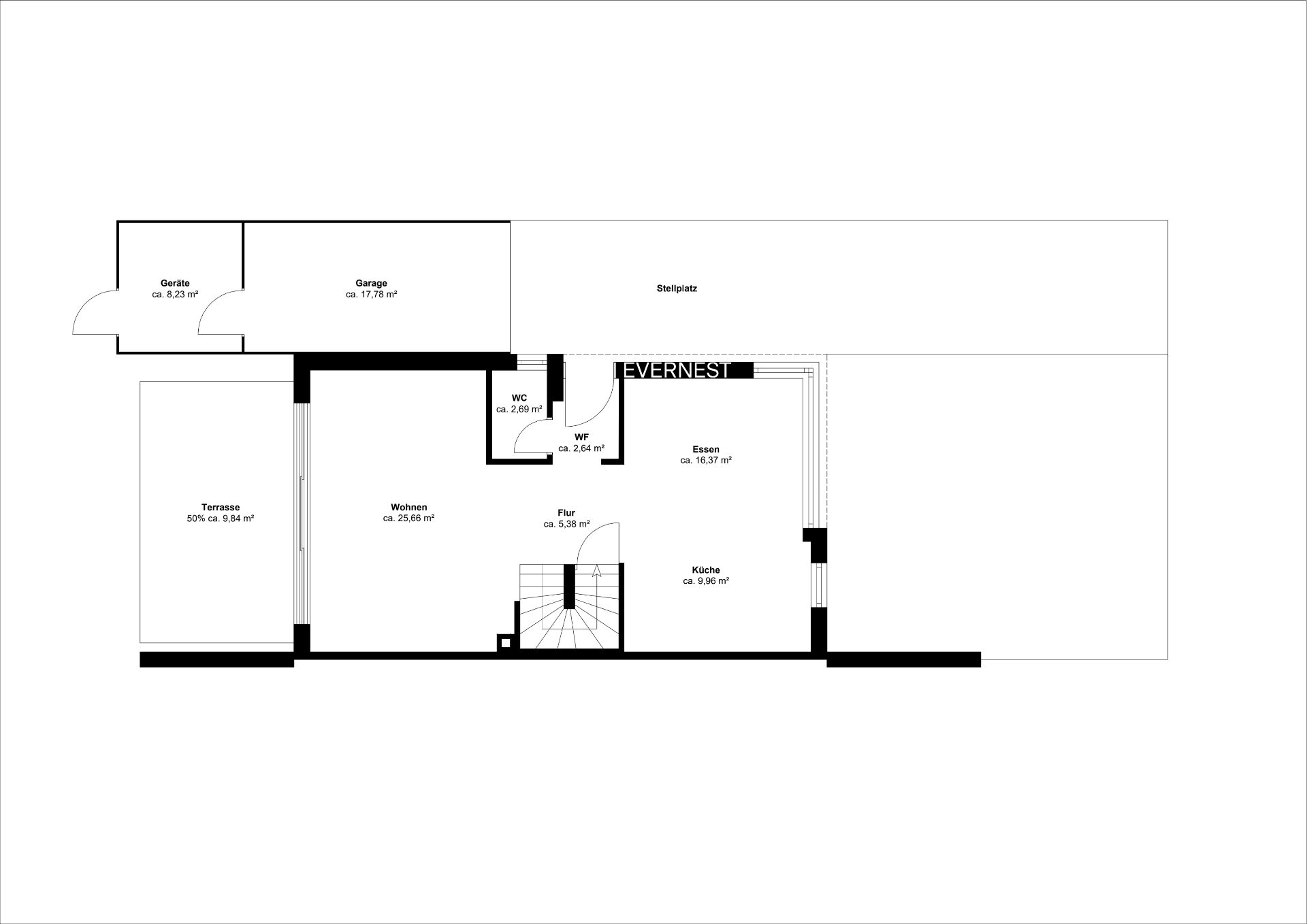 Grundriss mit Garage, Terrasse, Wohnzimmer, Küche, Essbereich, WC und Flur.