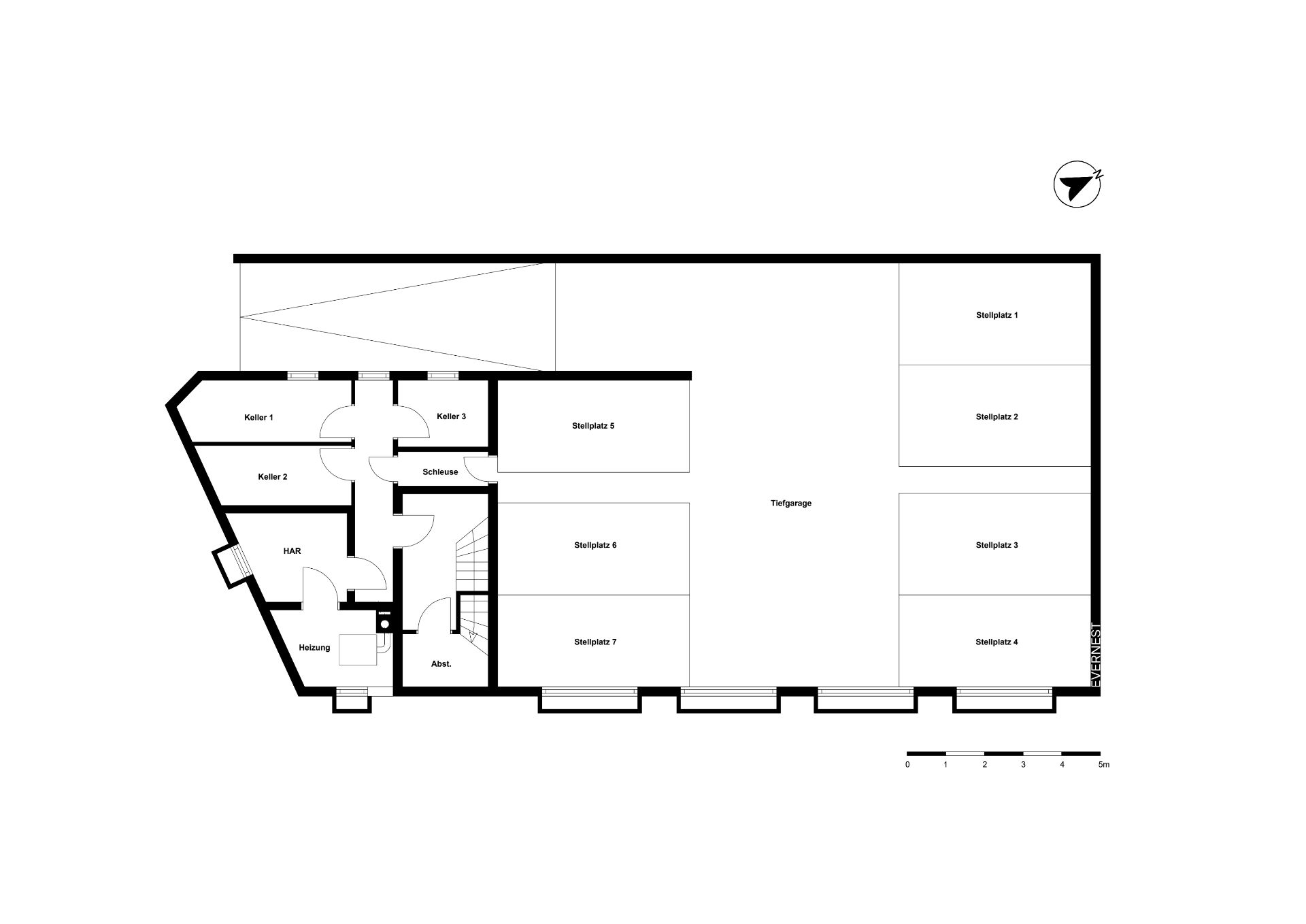 Grundriss zeigt Keller- und Abstellräume sowie mehrere Stellplätze in einer Tiefgarage.