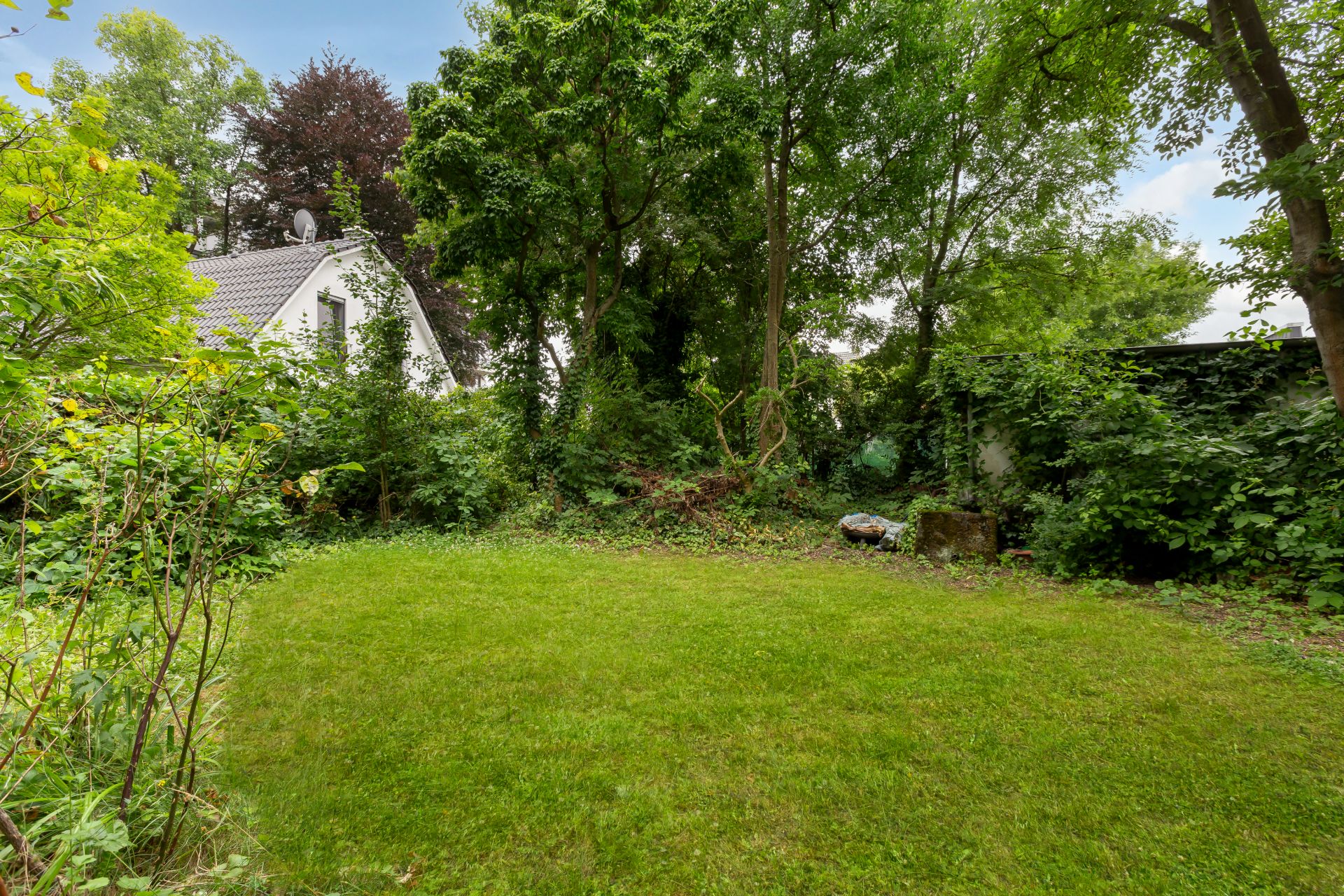 Garten mit Rasenfläche, umgeben von Büschen und Bäumen, Hausdach im Hintergrund sichtbar.