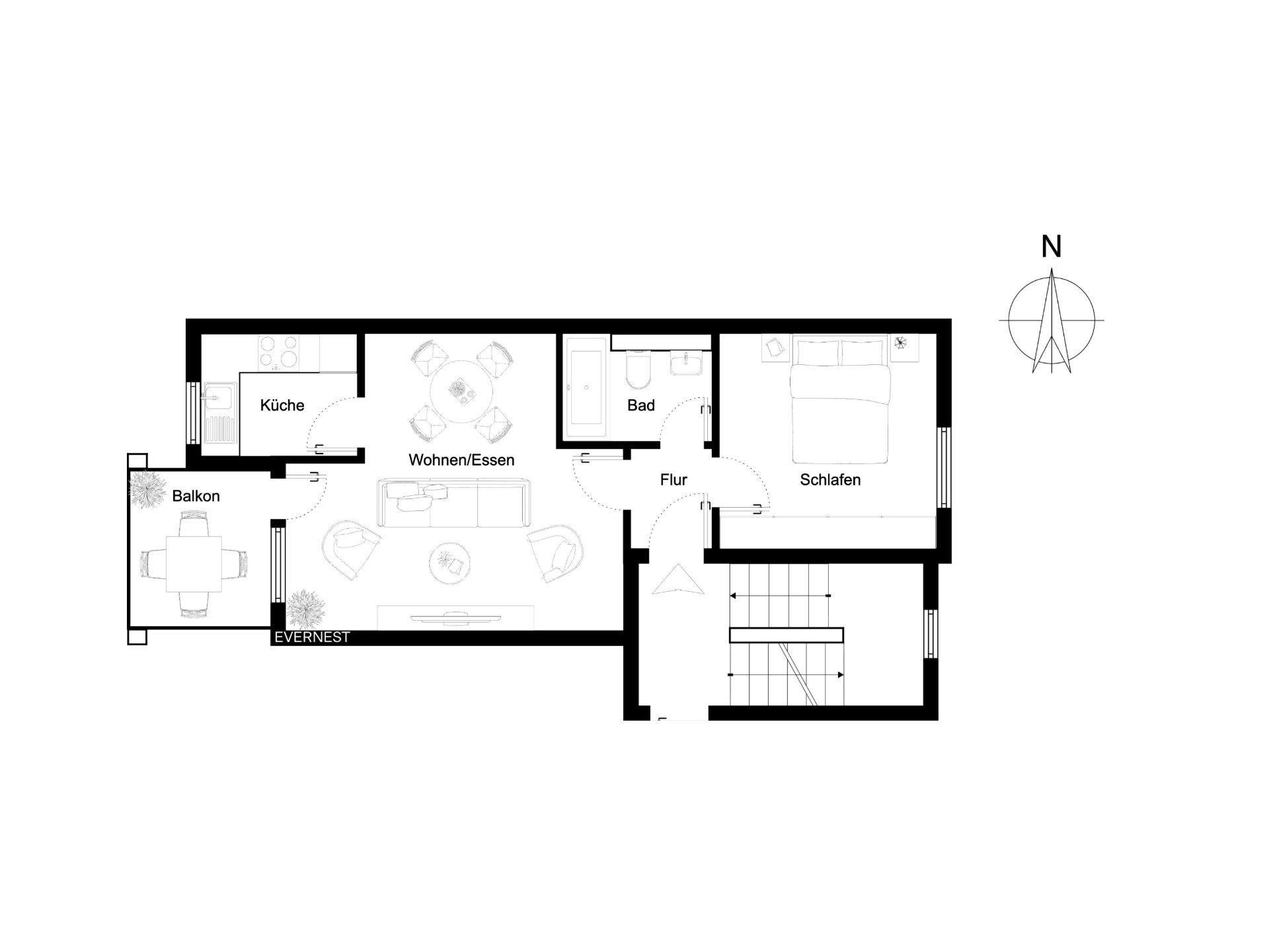 Grundriss einer Wohnung mit Küche, Wohn-/Essbereich, Bad, Schlafzimmer, Flur und Balkon.