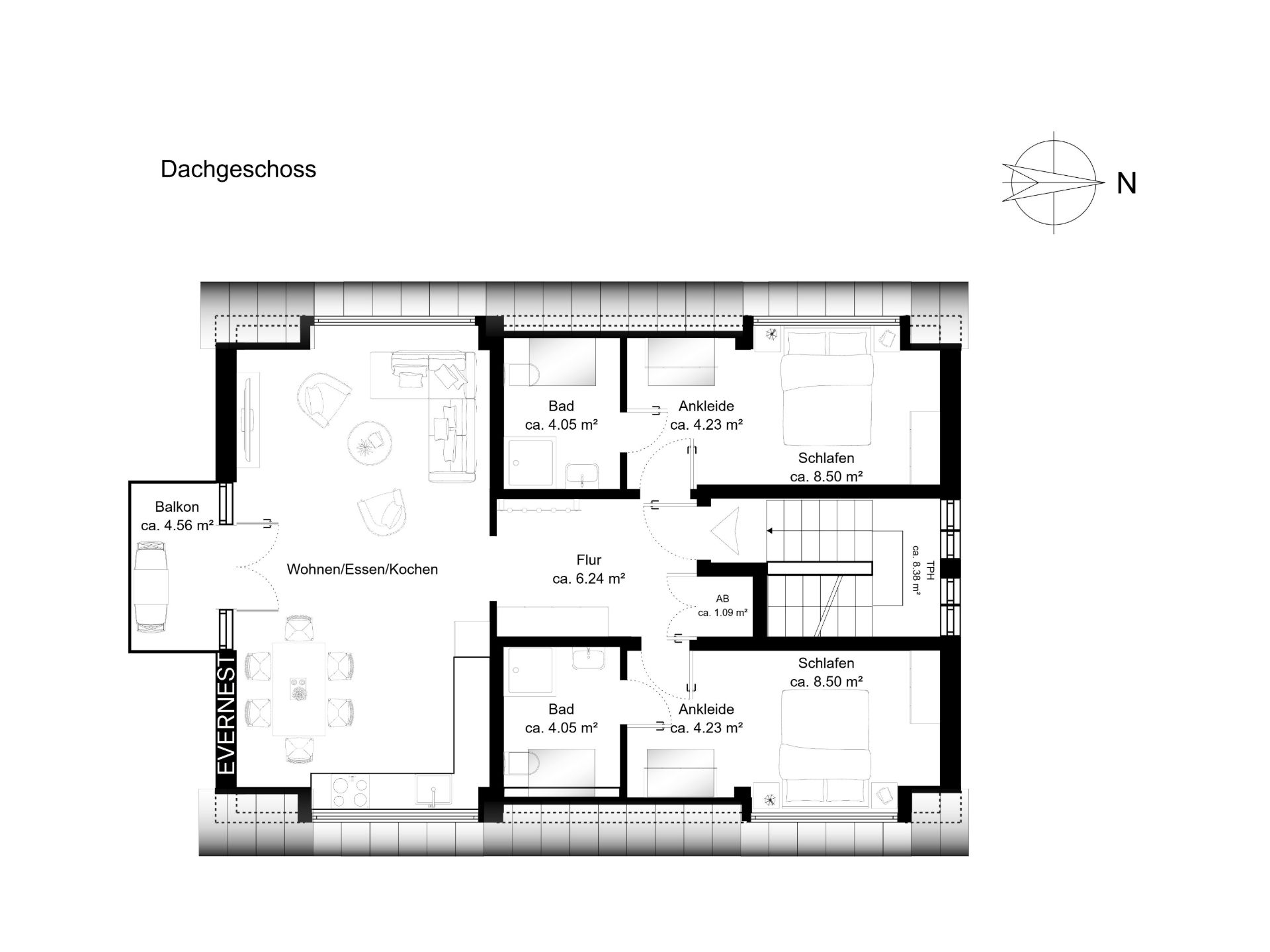 Grundriss des Dachgeschosses mit zwei Schlafzimmern, zwei Bädern, Wohnbereich, Küche und Balkon.