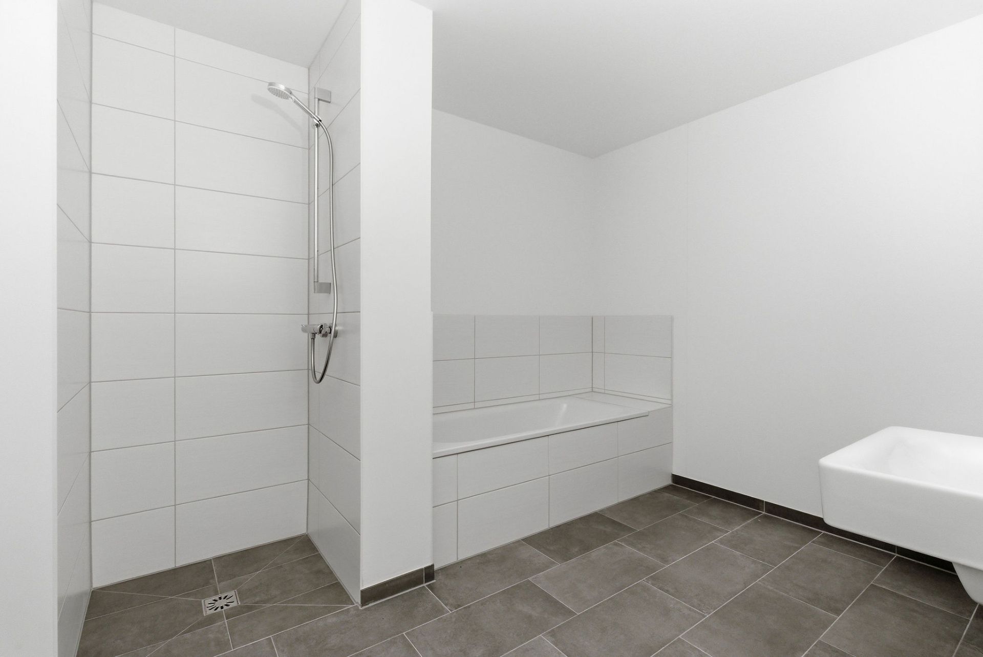 Modernes Badezimmer mit begehbarer Dusche, Badewanne und Waschbecken.