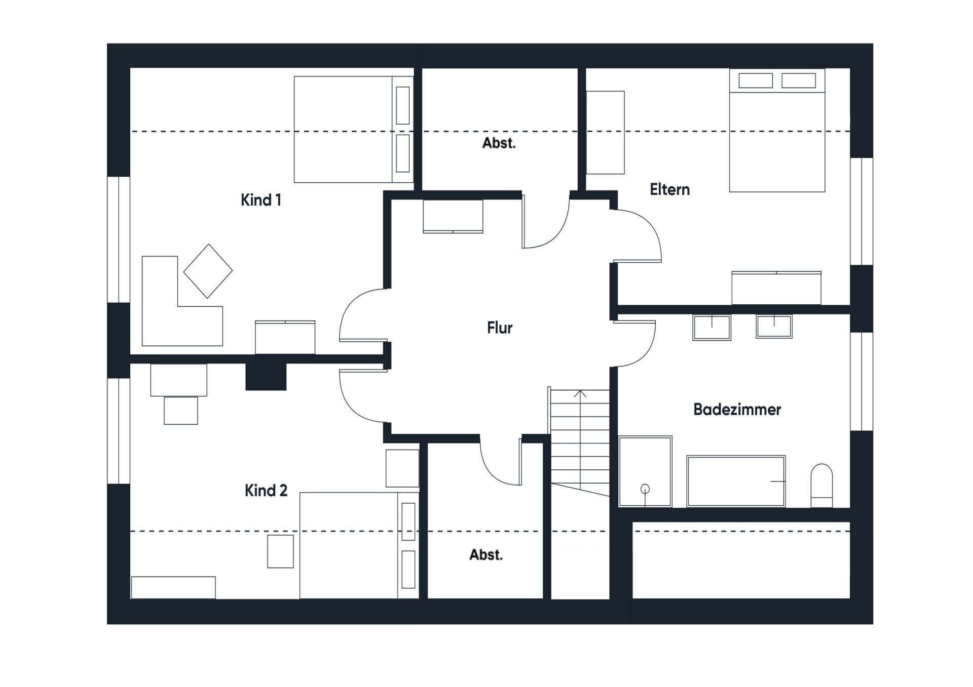 Grundriss mit zwei Kinderzimmern, Elternschlafzimmer, Badezimmer, Flur und Abstellräumen.