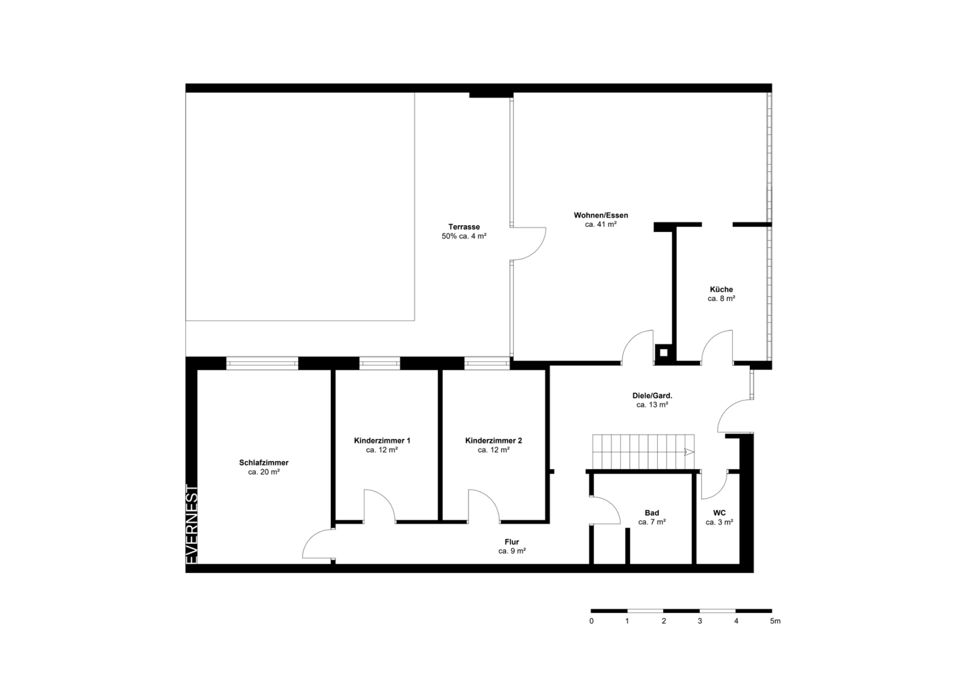 Grundriss einer Wohnung mit Schlafzimmer, zwei Kinderzimmern, Küche, Bad, WC, Flur und Terrasse.
