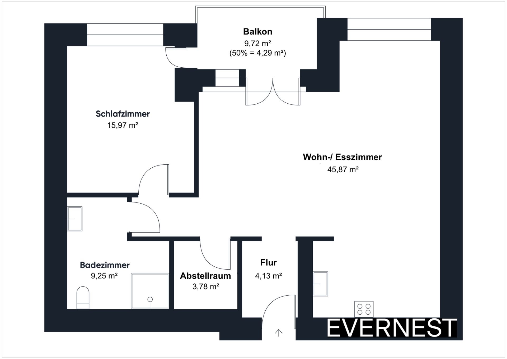 Grundriss einer Wohnung mit Schlafzimmer, Wohnzimmer, Badezimmer, Abstellraum, Flur und Balkon.