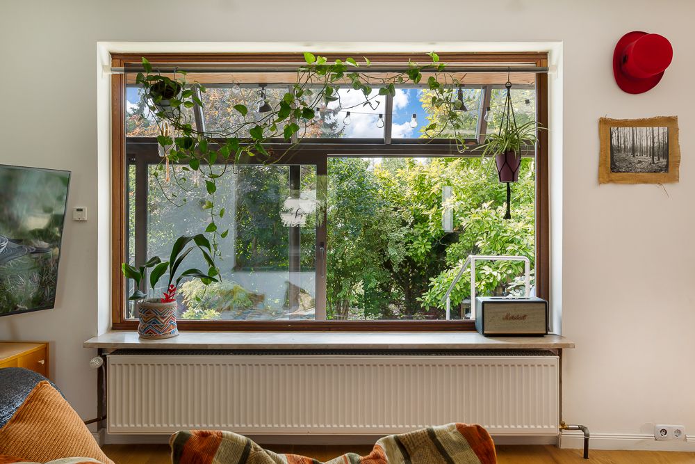 Großes Fenster mit Pflanzen auf der Fensterbank und Blick auf einen grünen Garten.