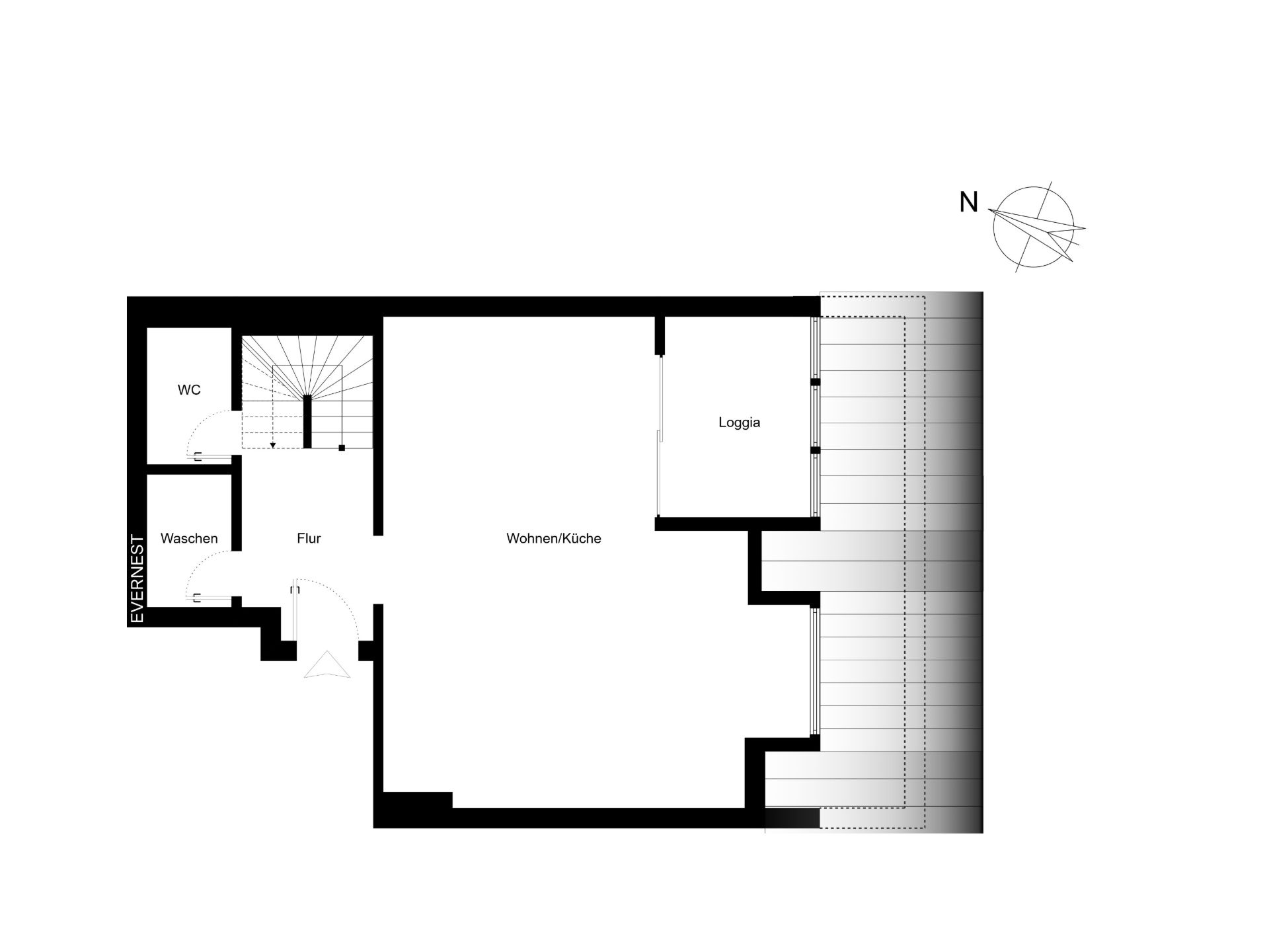 Grundriss mit Wohnzimmer/Küche, Flur, WC, Waschen und Loggia.