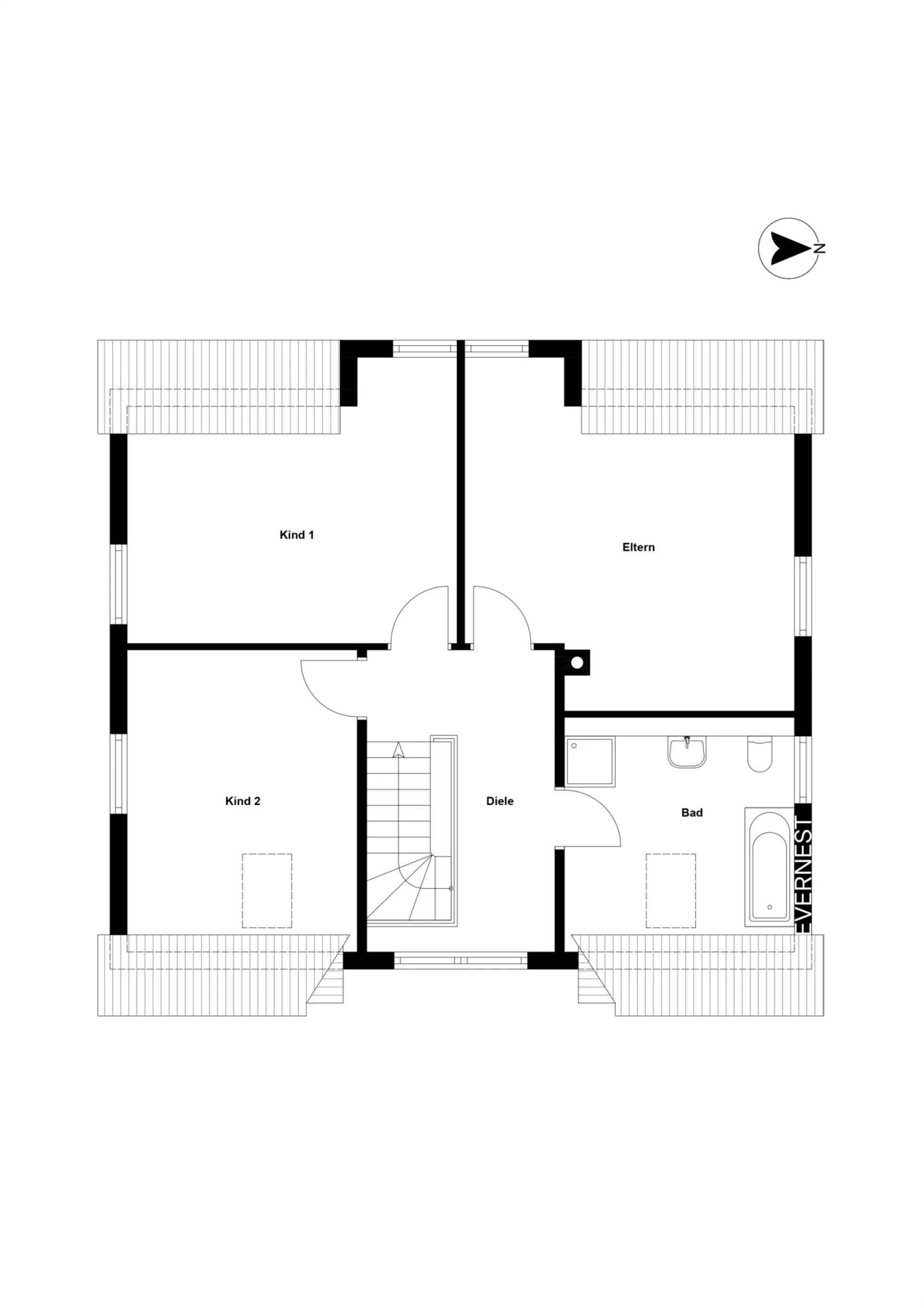 Grundriss eines Wohnhauses mit zwei Kinderzimmern, Elternzimmer, Bad und Flur.