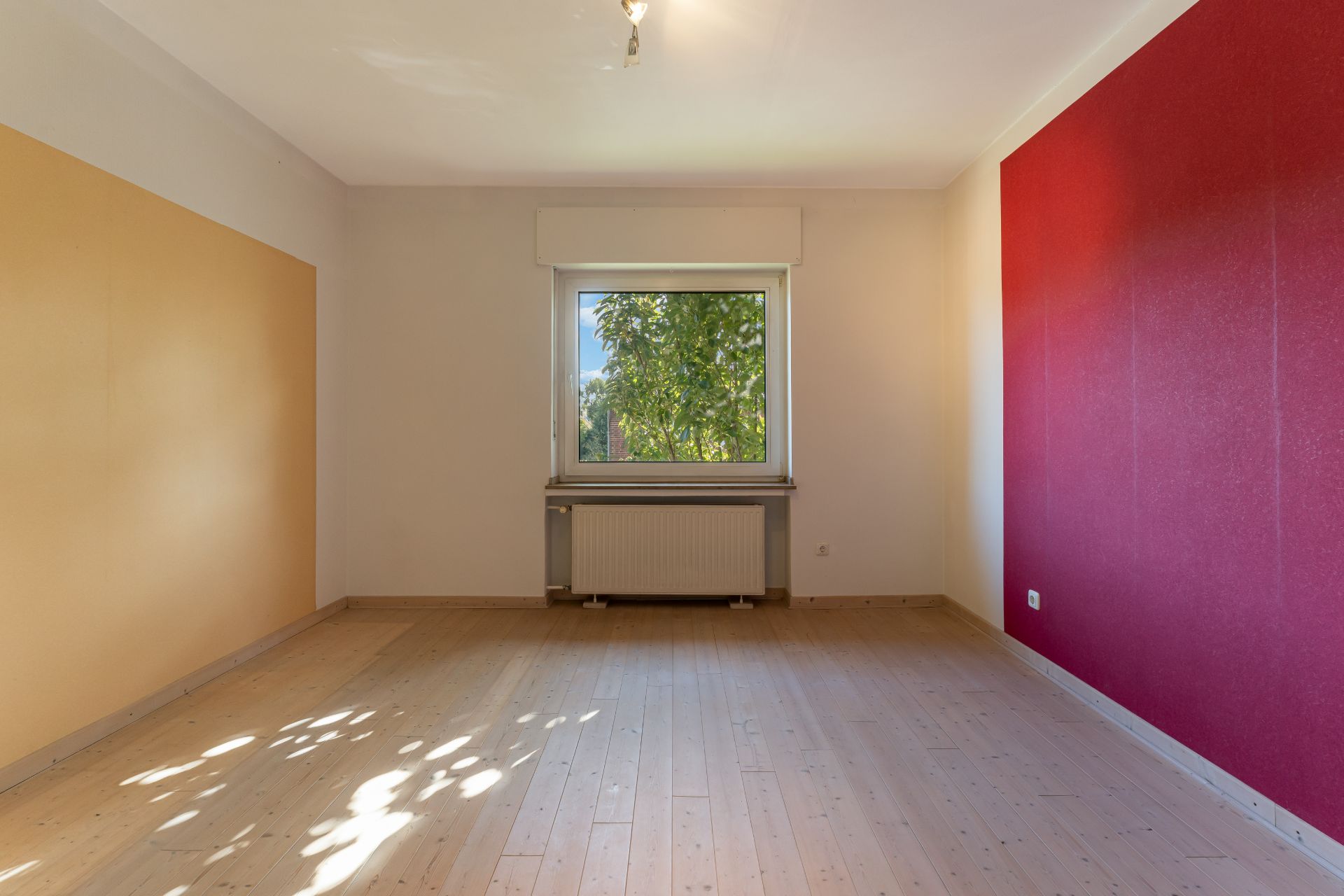 Leerer Raum mit Holzboden, roter und gelber Wand sowie Fenster mit Blick auf Bäume.