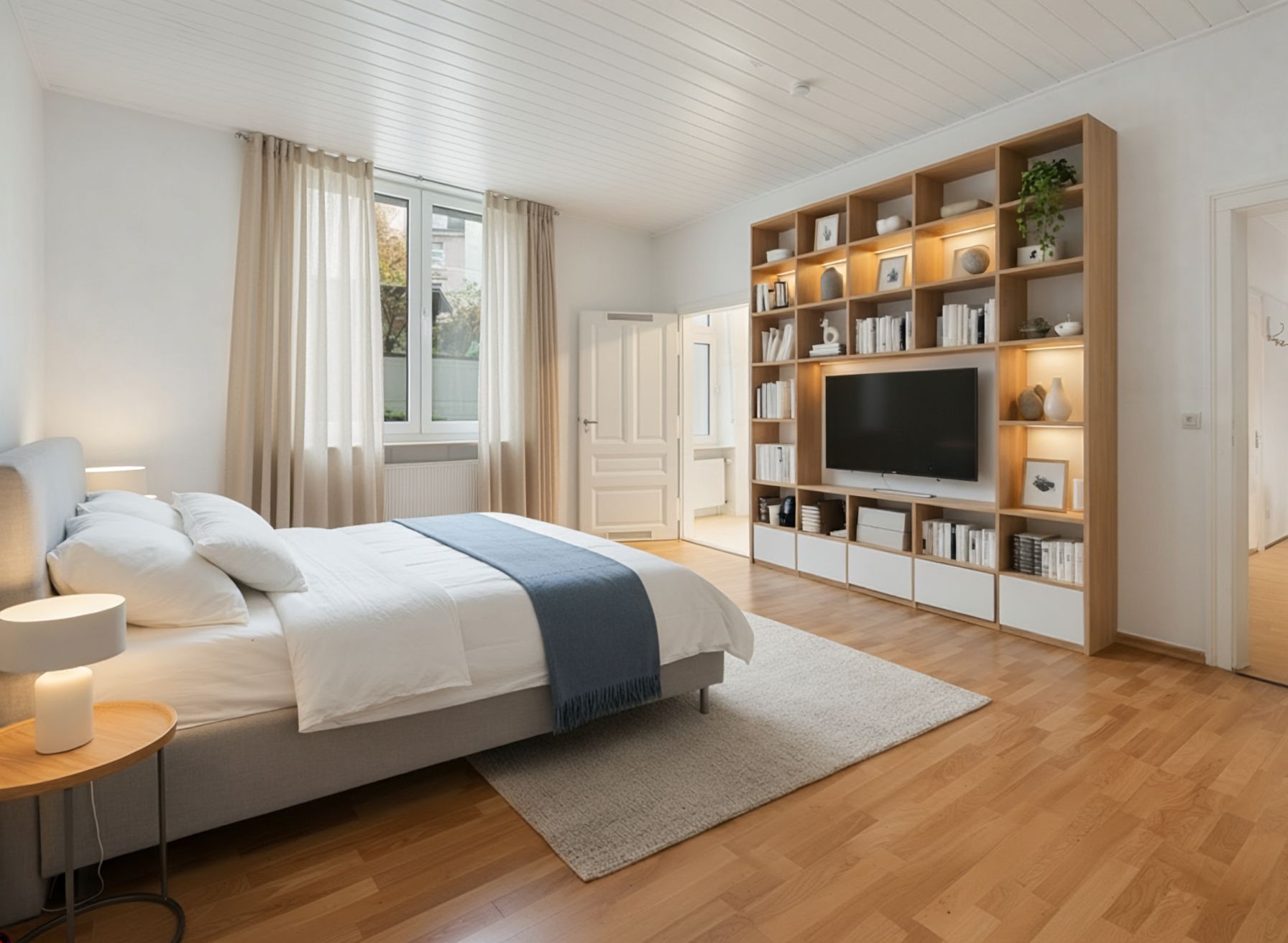 Modernes Schlafzimmer mit Doppelbett, großem Fenster und Regalwand mit Fernseher.