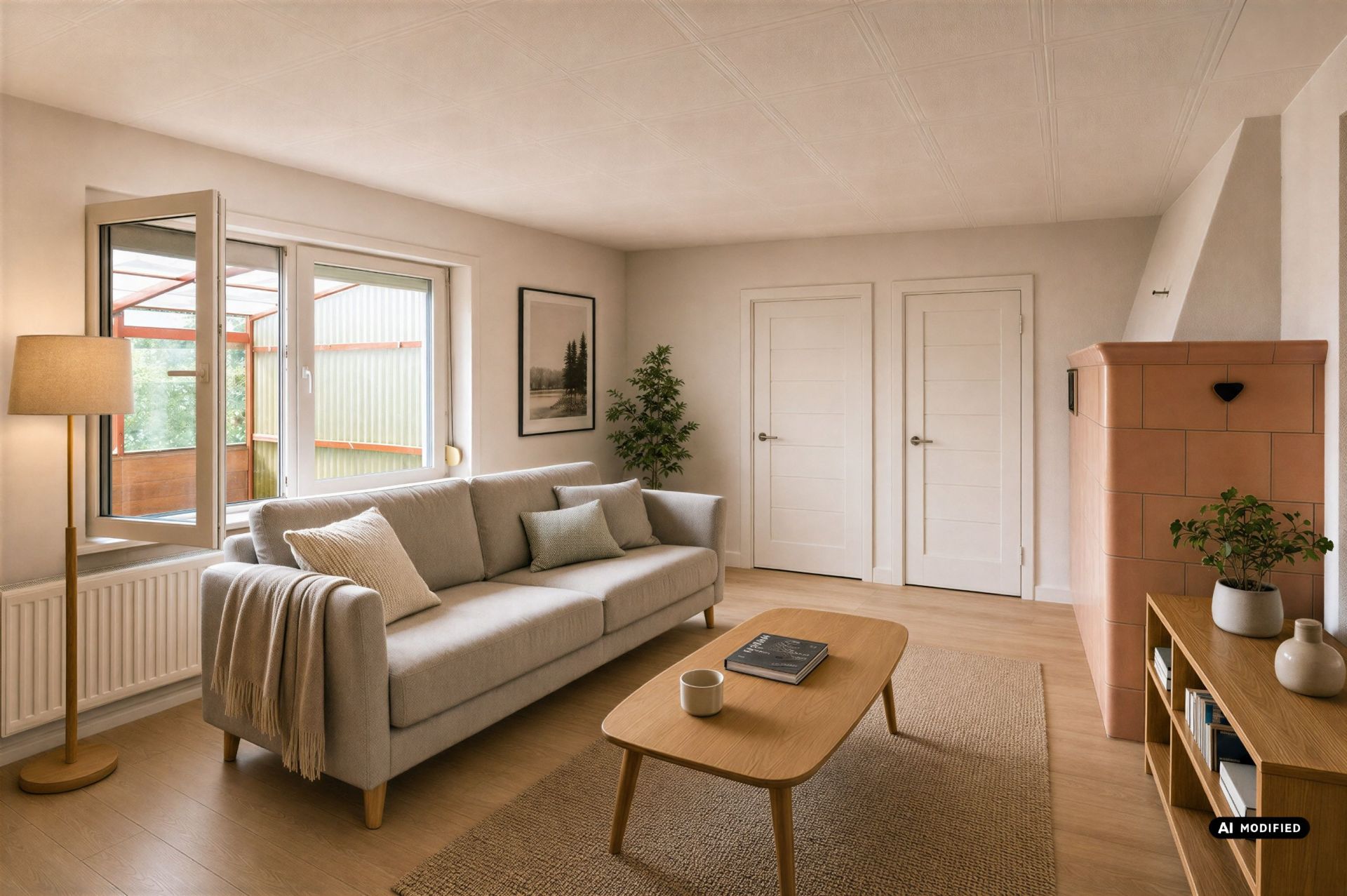 Helles Wohnzimmer mit Sofa, Couchtisch, Stehlampe, Regal und zwei weißen Türen.