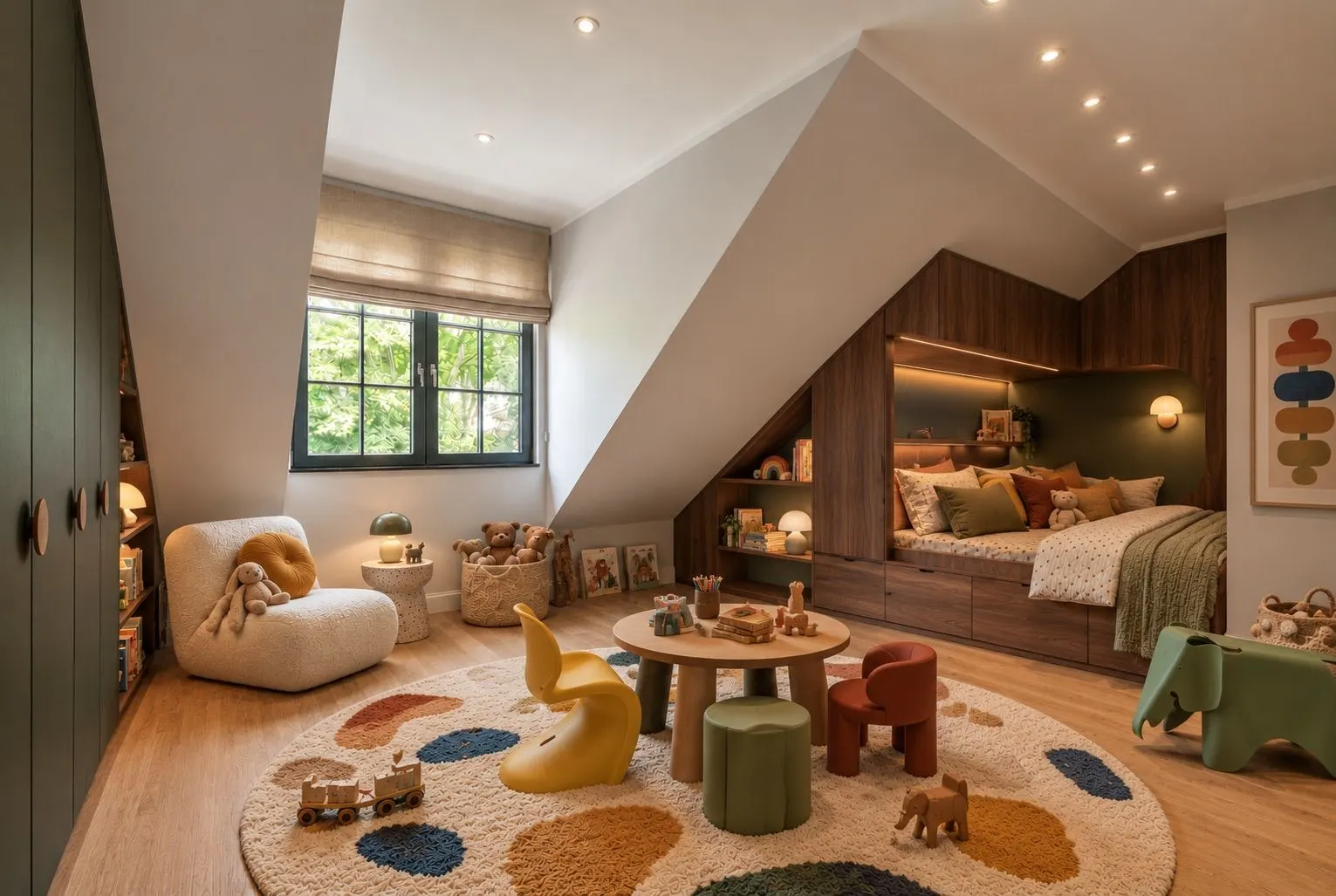 Gemütliches Kinderzimmer mit Spielsachen, rundem Teppich, Sitzmöbeln und eingebautem Bett unter Dachschräge.