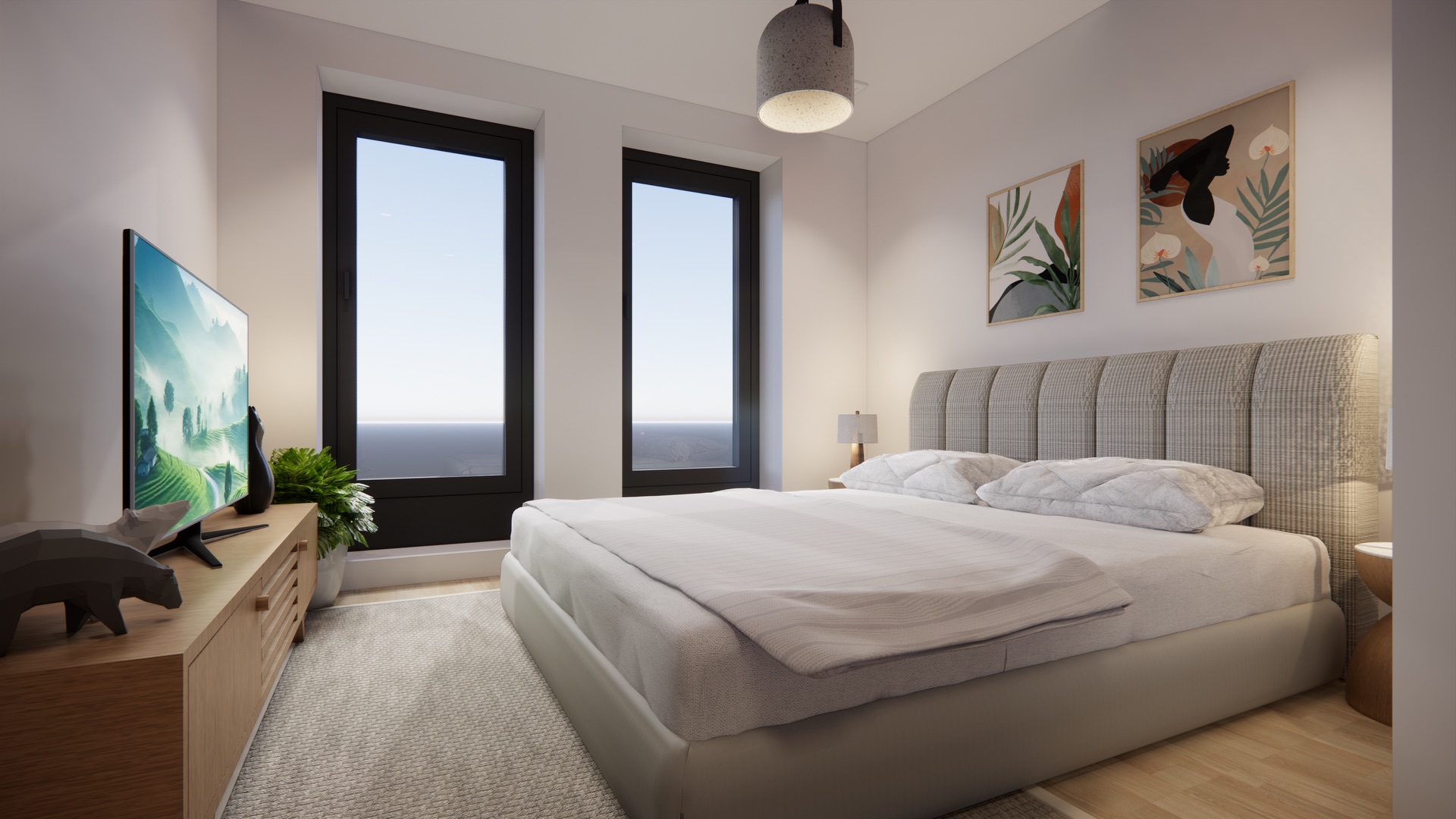 Modernes Schlafzimmer mit großem Bett, zwei Fenstern, Fernseher und Pflanzen auf Holzkommode.