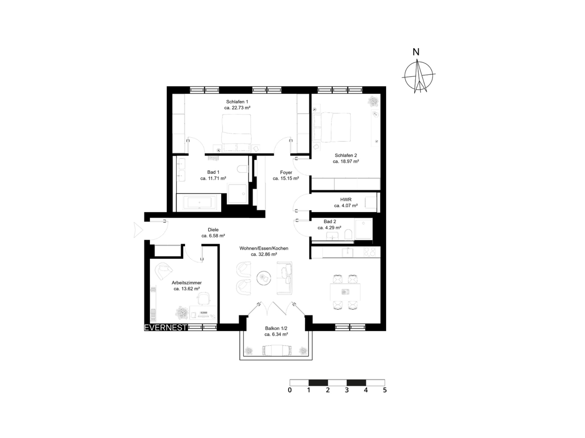 Grundriss einer Wohnung mit zwei Schlafzimmern, zwei Bädern, Wohnzimmer, Balkon und Arbeitszimmer.