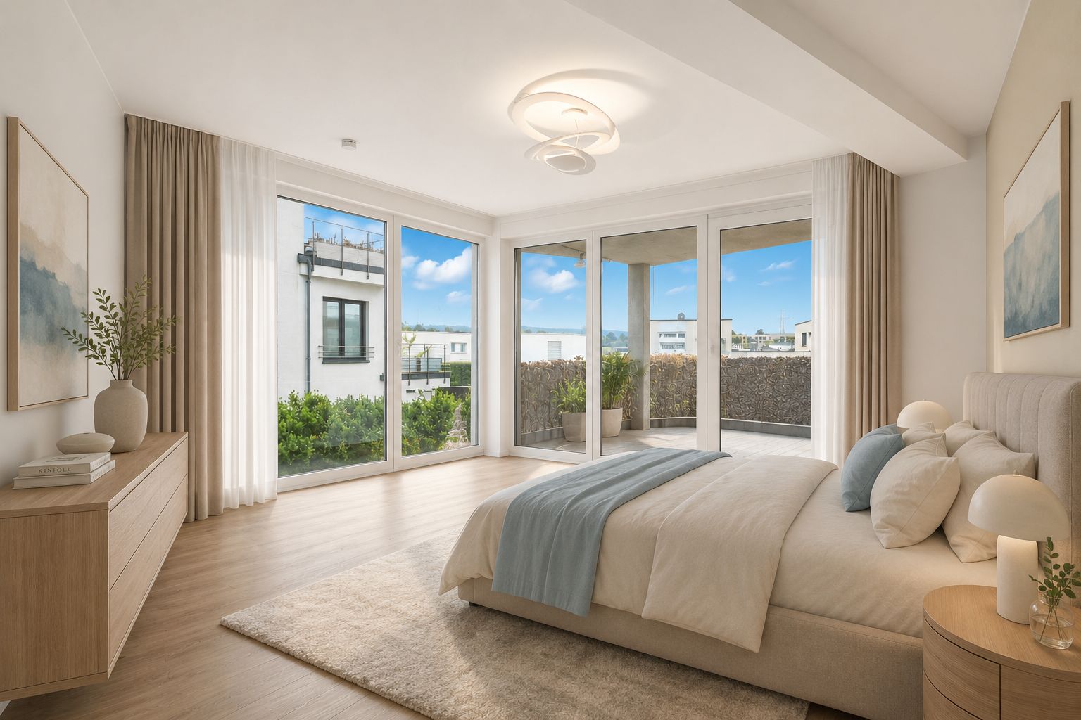 Helles Schlafzimmer mit Doppelbett, großen Fenstern und Zugang zur Terrasse.