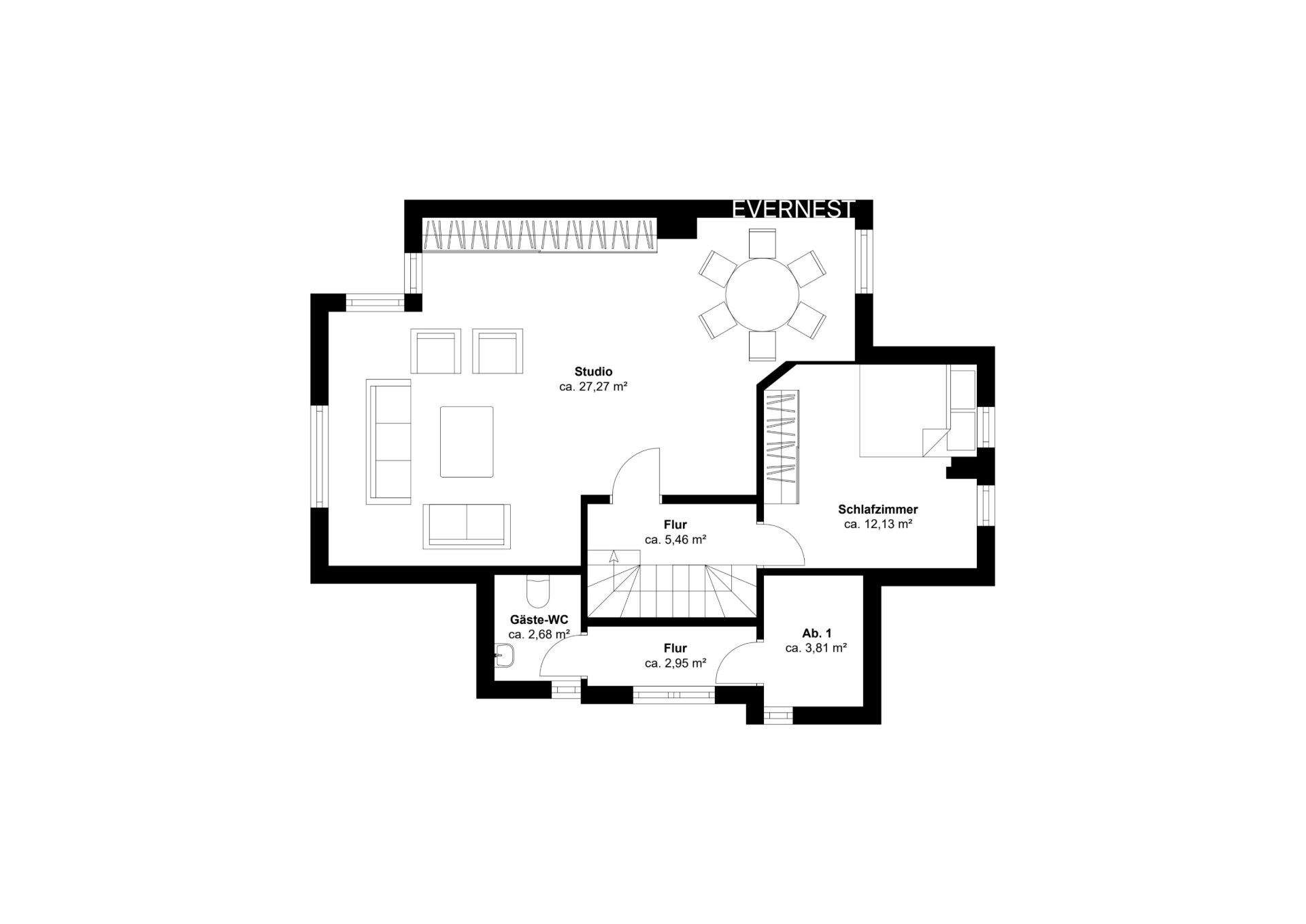 Grundriss mit Studio, Schlafzimmer, Gäste-WC, Abstellraum und Flur.