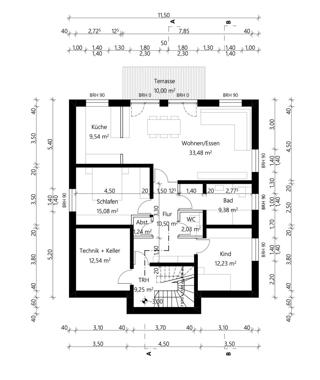 Grundriss eines Wohnhauses mit Küche, Wohnzimmer, Schlafzimmer, Bad, WC, Kinderzimmer und Terrasse.