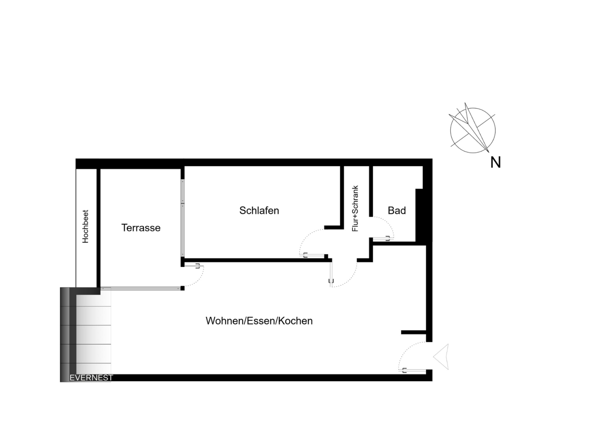 Wohnungsgrundriss mit Terrasse, Wohnbereich, Schlafzimmer, Bad und Flur-Schrank.
