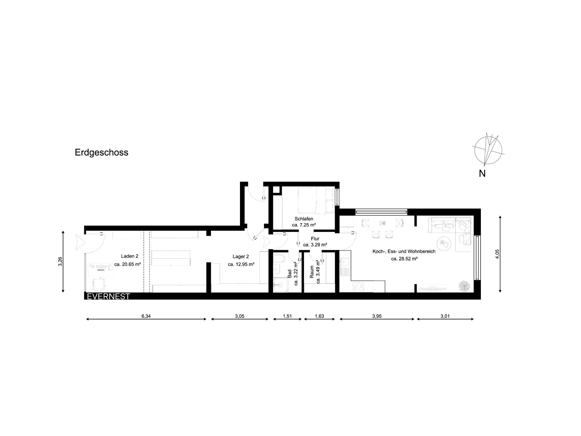 Grundriss des Erdgeschosses mit Küche, Wohnzimmer, Schlafzimmer, Bad und zwei Nebenräumen.