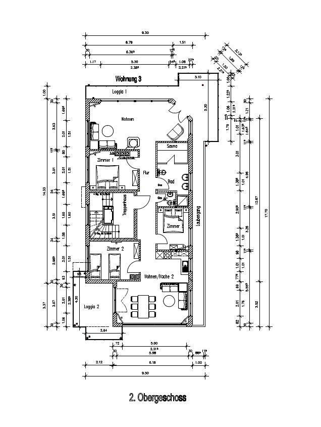 Grundriss einer Wohnung im zweiten Obergeschoss mit mehreren Zimmern, Küche, Bad und Balkonen.