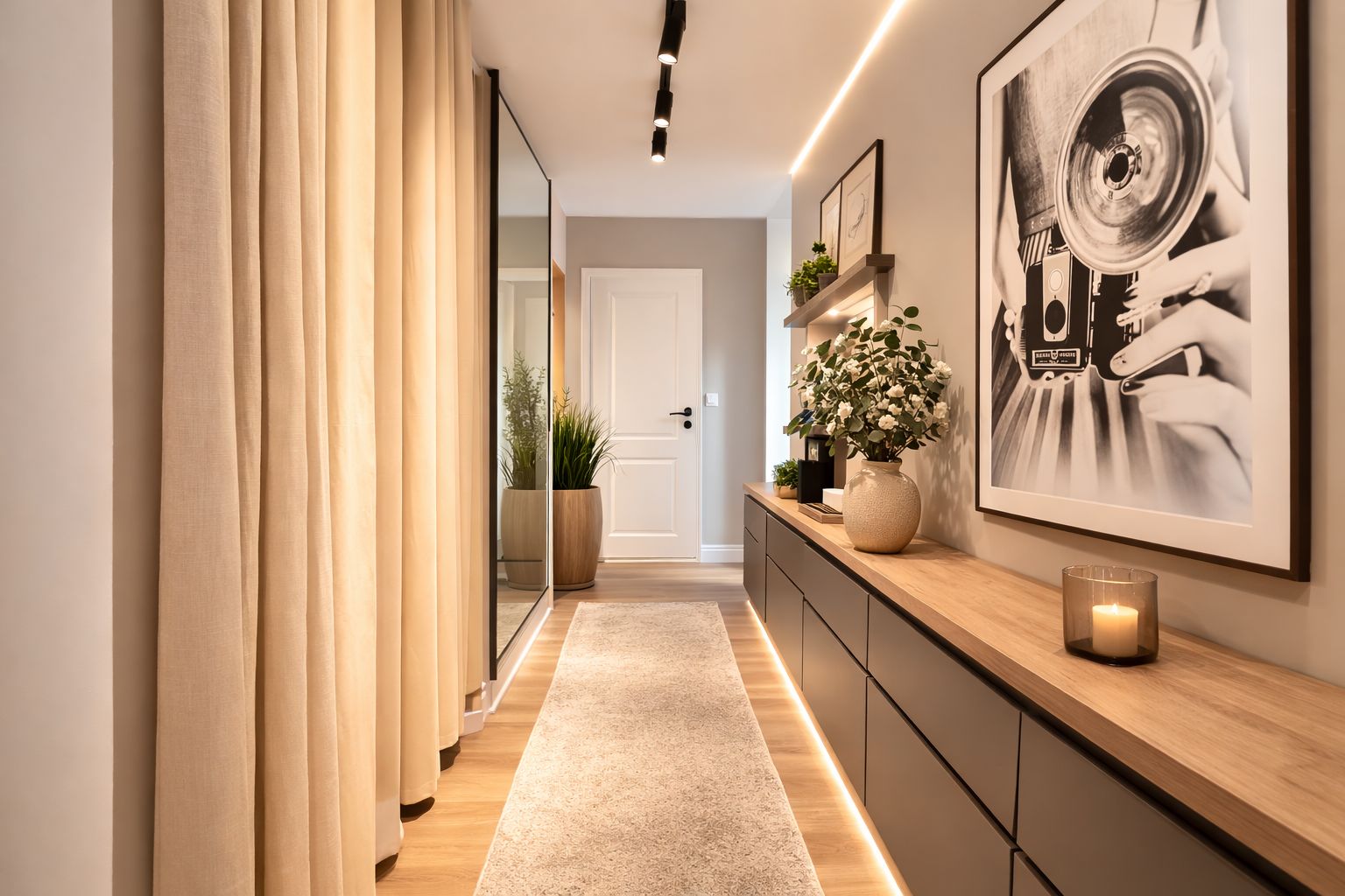 Moderner Flur mit Teppich, Sideboard, Pflanze, großer Fotografie und Spiegelwand.