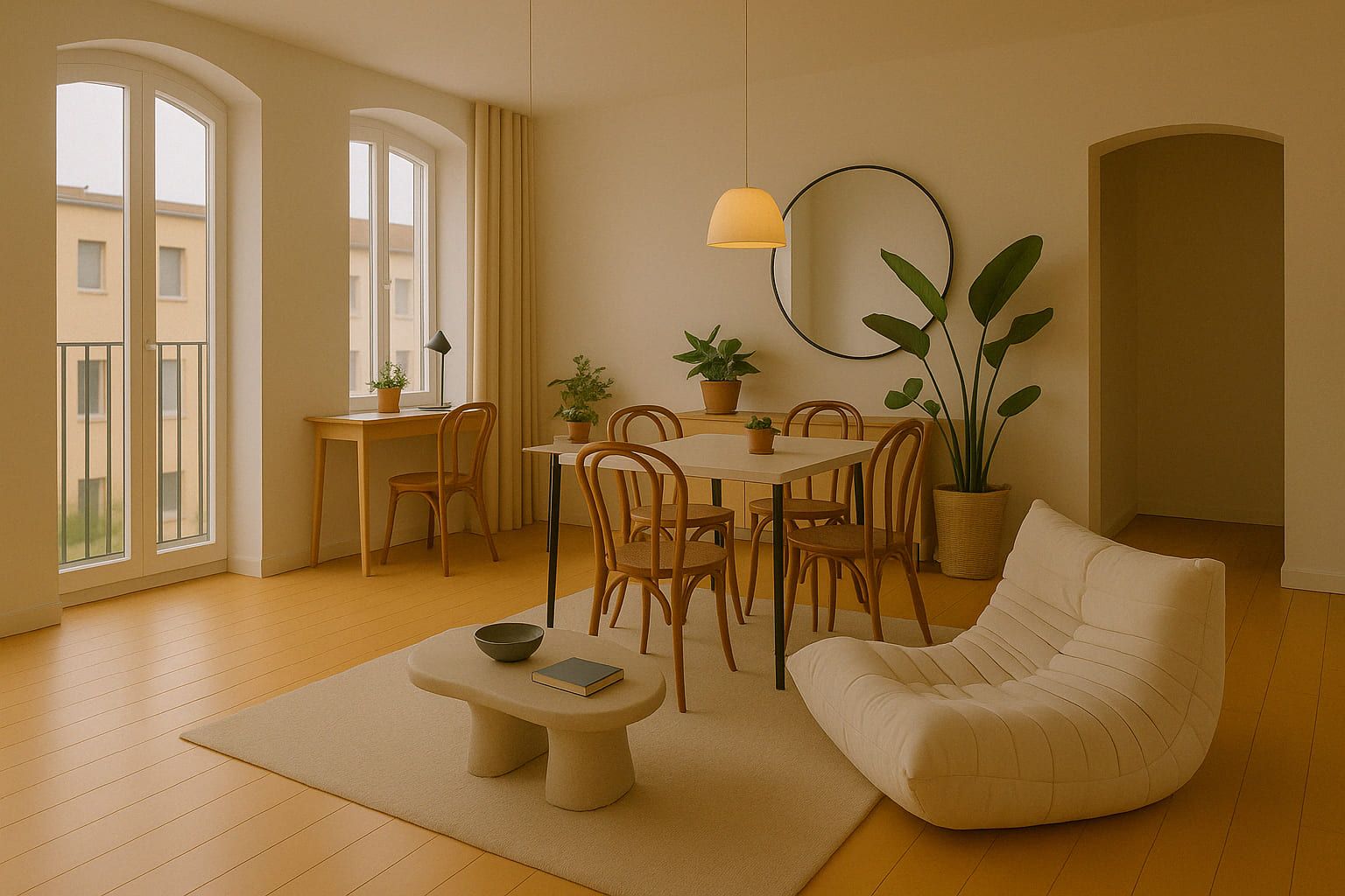 Helles Wohnzimmer mit Esstisch, Stühlen, Sessel, Couchtisch, Pflanzen und großen Fenstern.