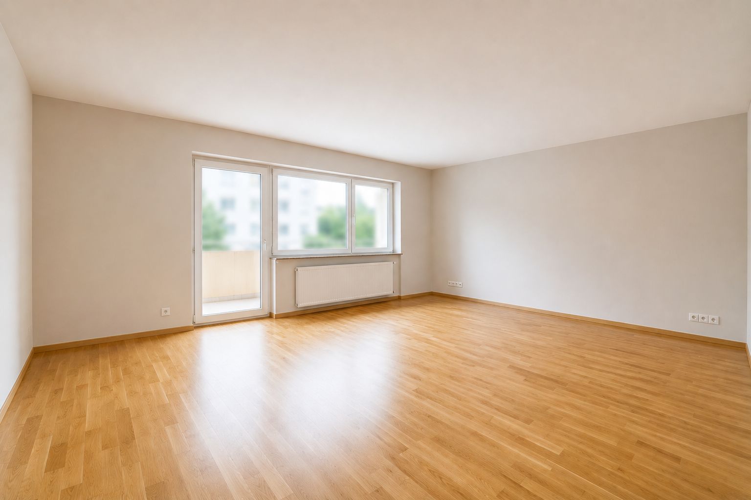 Helles, leeres Zimmer mit Holzfußboden und großen Fenstern zur Terrasse.