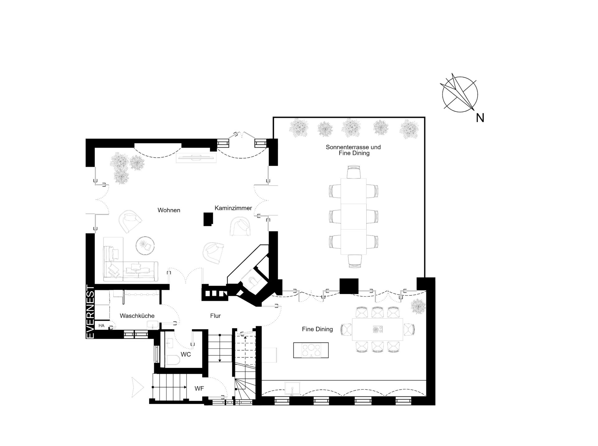 Grundriss eines Wohnbereichs mit Wohnzimmer, Esszimmer, Waschküche, WC und Terrasse.