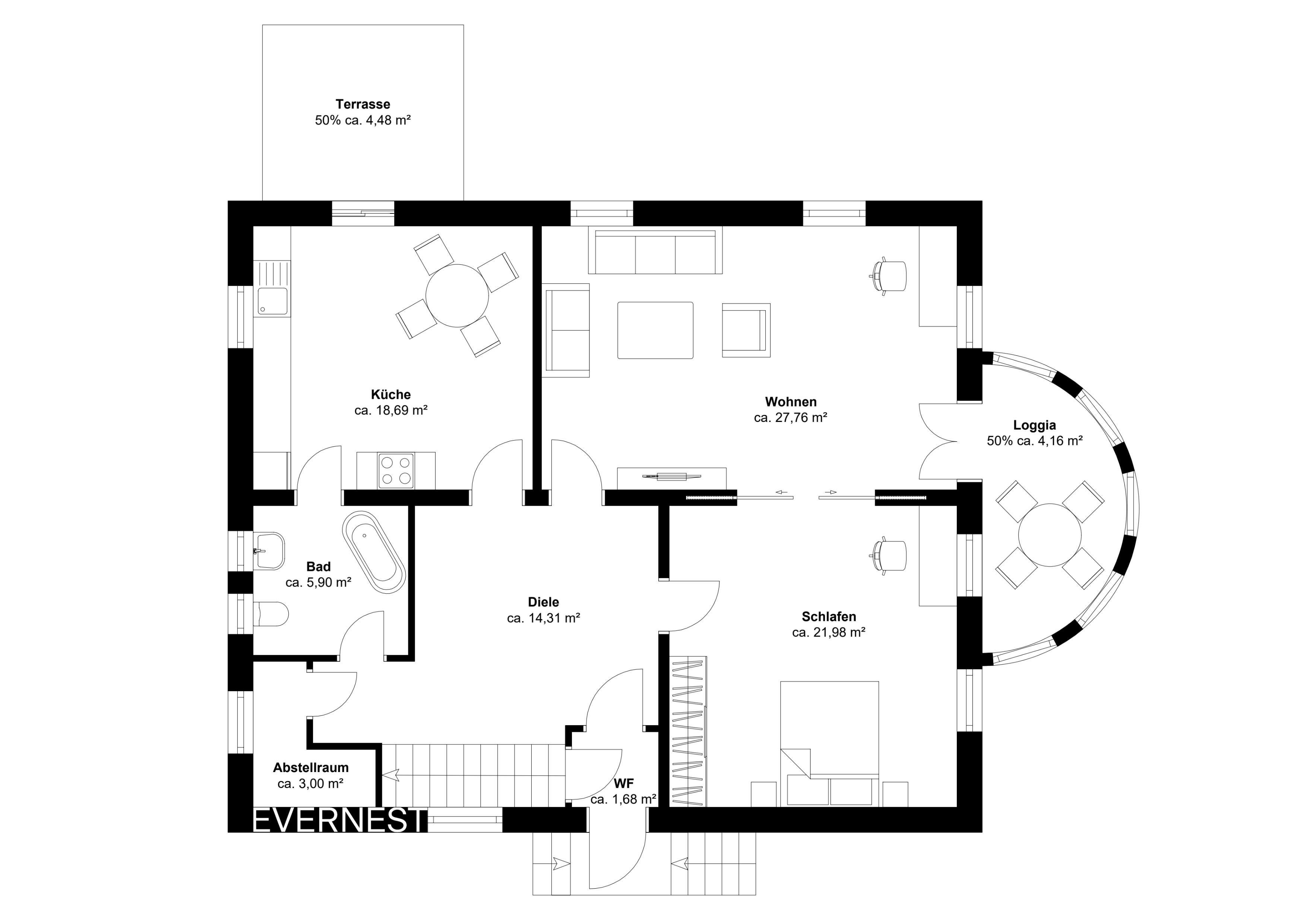 Grundriss einer Wohnung mit Küche, Wohnzimmer, Schlafzimmer, Bad, Terrasse und Loggia.