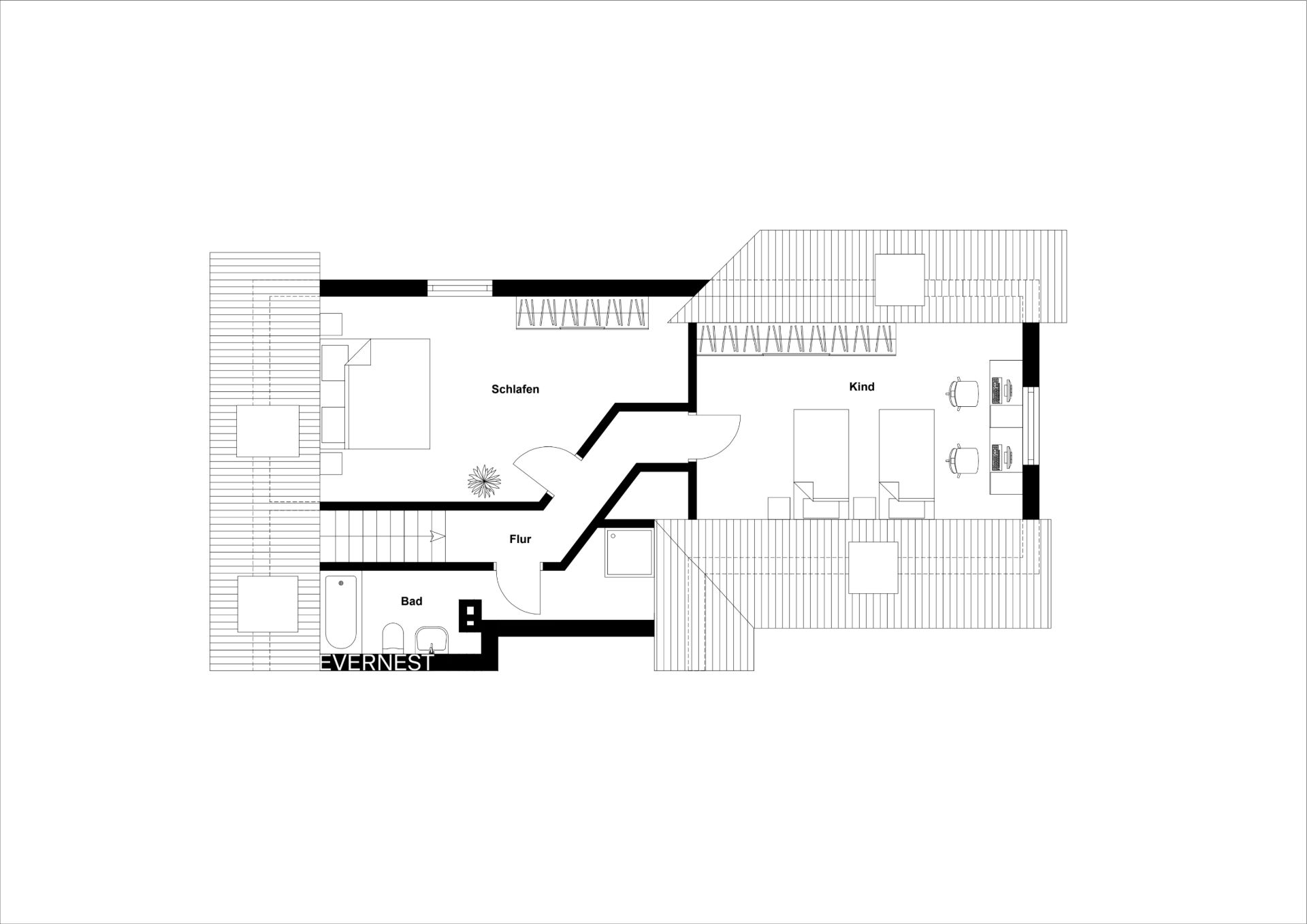 Grundriss eines Obergeschosses mit Schlafzimmer, Kinderzimmer, Bad und Flur.