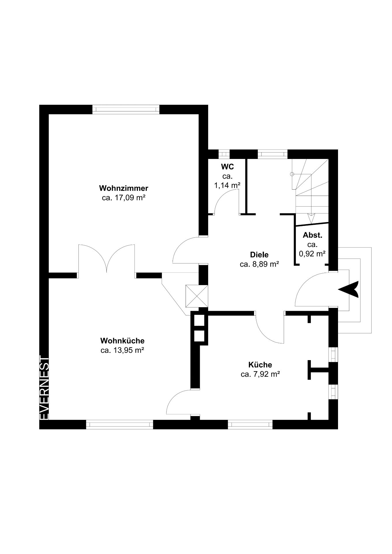 Grundriss eines Wohnhauses mit Wohnzimmer, Wohnküche, Küche, WC, Diele und Abstellraum.