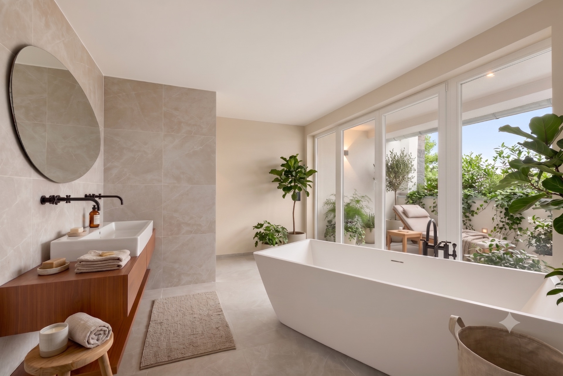 Modernes Badezimmer mit freistehender Badewanne, Waschbecken, Pflanzen und großem Fenster.