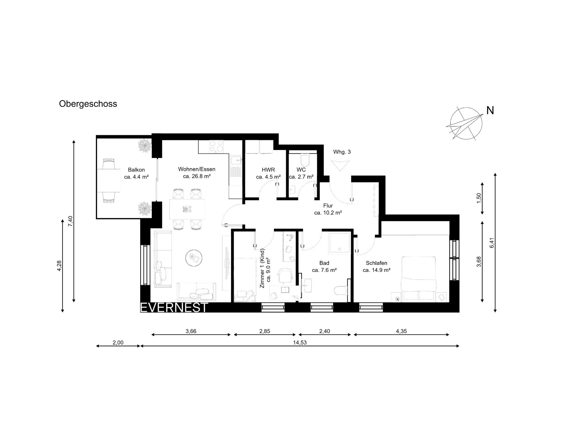 Grundriss einer Wohnung mit Balkon, Wohnbereich, Schlafzimmer, Bad, WC und Flur.