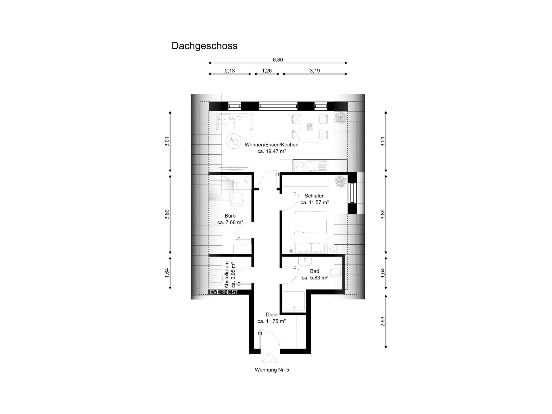 Grundriss einer Dachgeschosswohnung mit Wohnbereich, Schlafzimmer, Bad, Büro und Diele.