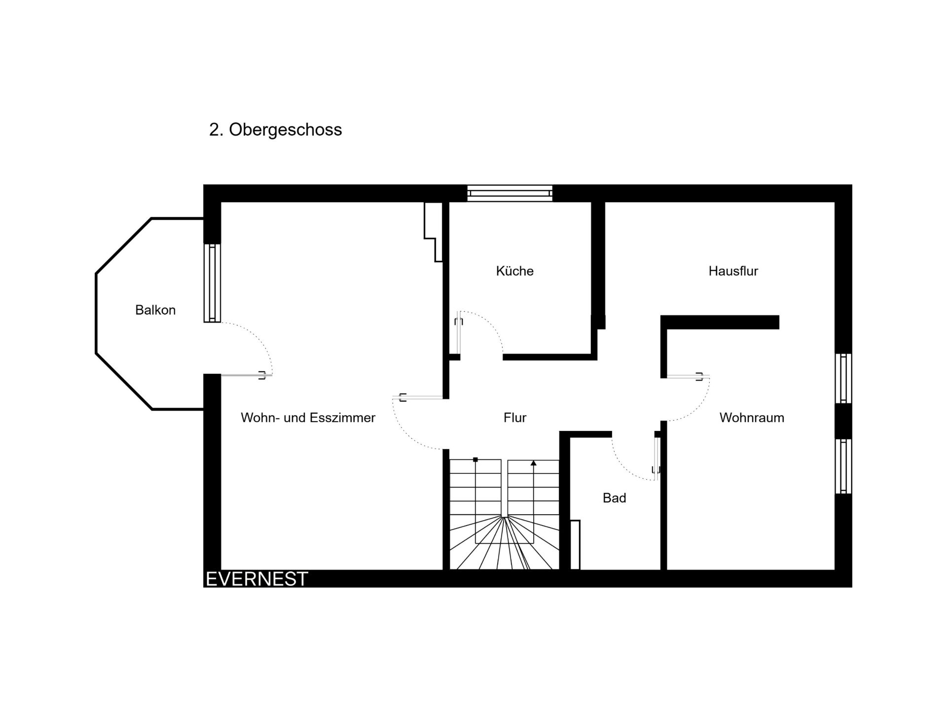 Grundriss des 2. Obergeschosses mit Balkon, Wohn- und Esszimmer, Küche, Bad, Flur und Wohnraum.