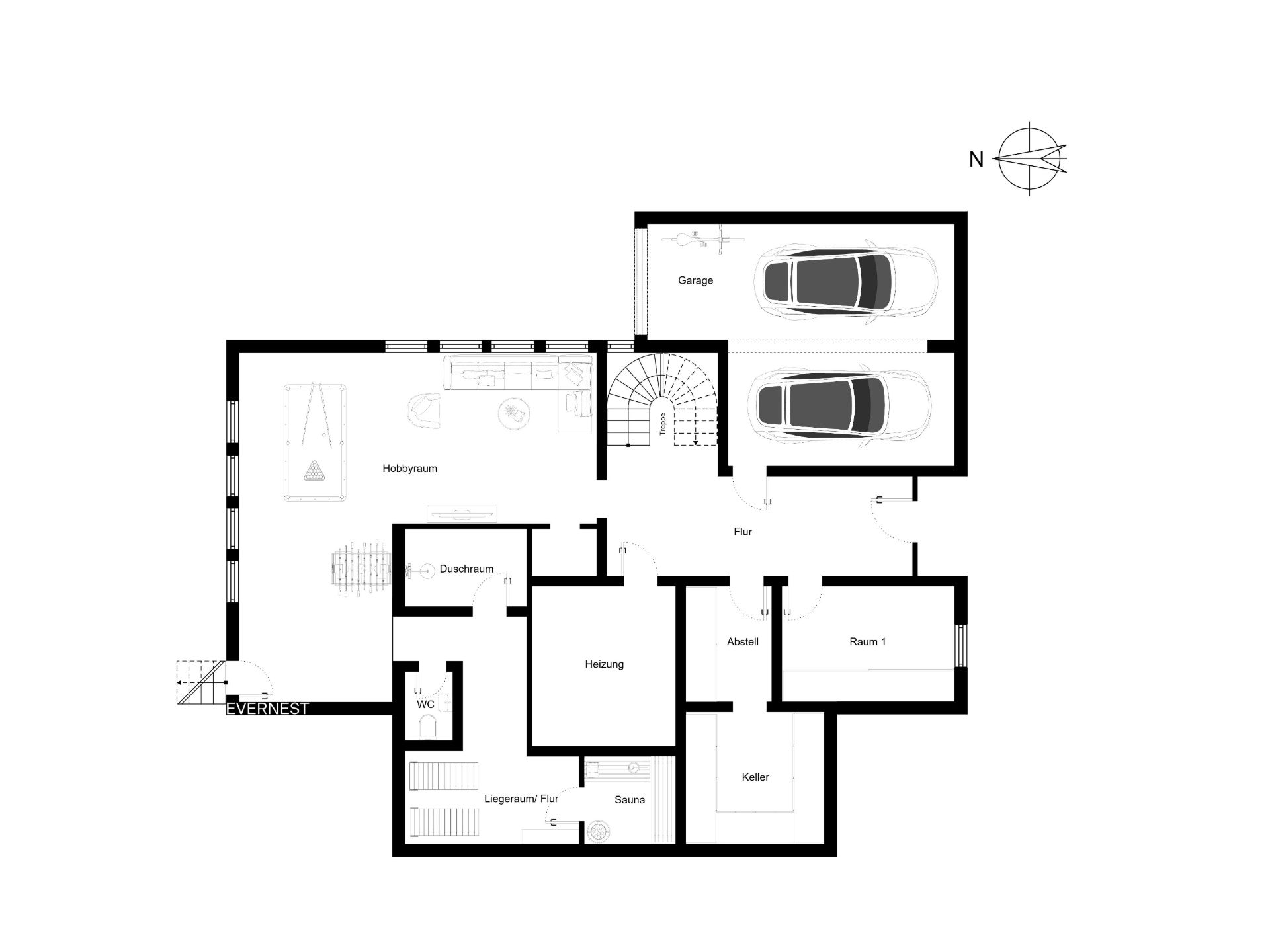 Grundriss mit Garage für zwei Autos, Hobbyraum, Sauna, Keller und weiteren Räumen.