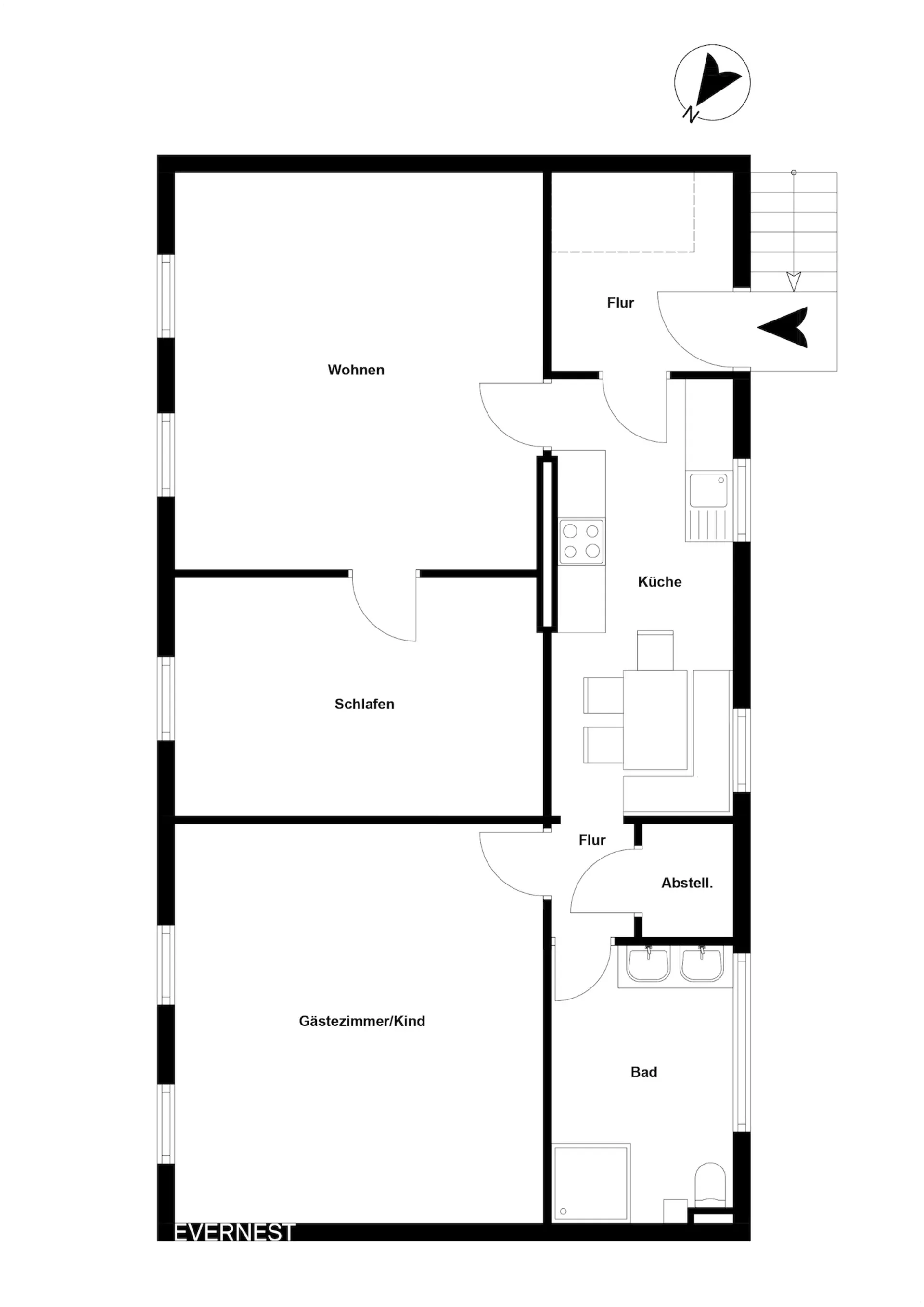 Grundriss einer Wohnung mit Wohnzimmer, Schlafzimmer, Gästezimmer, Küche, Bad und Abstellraum.