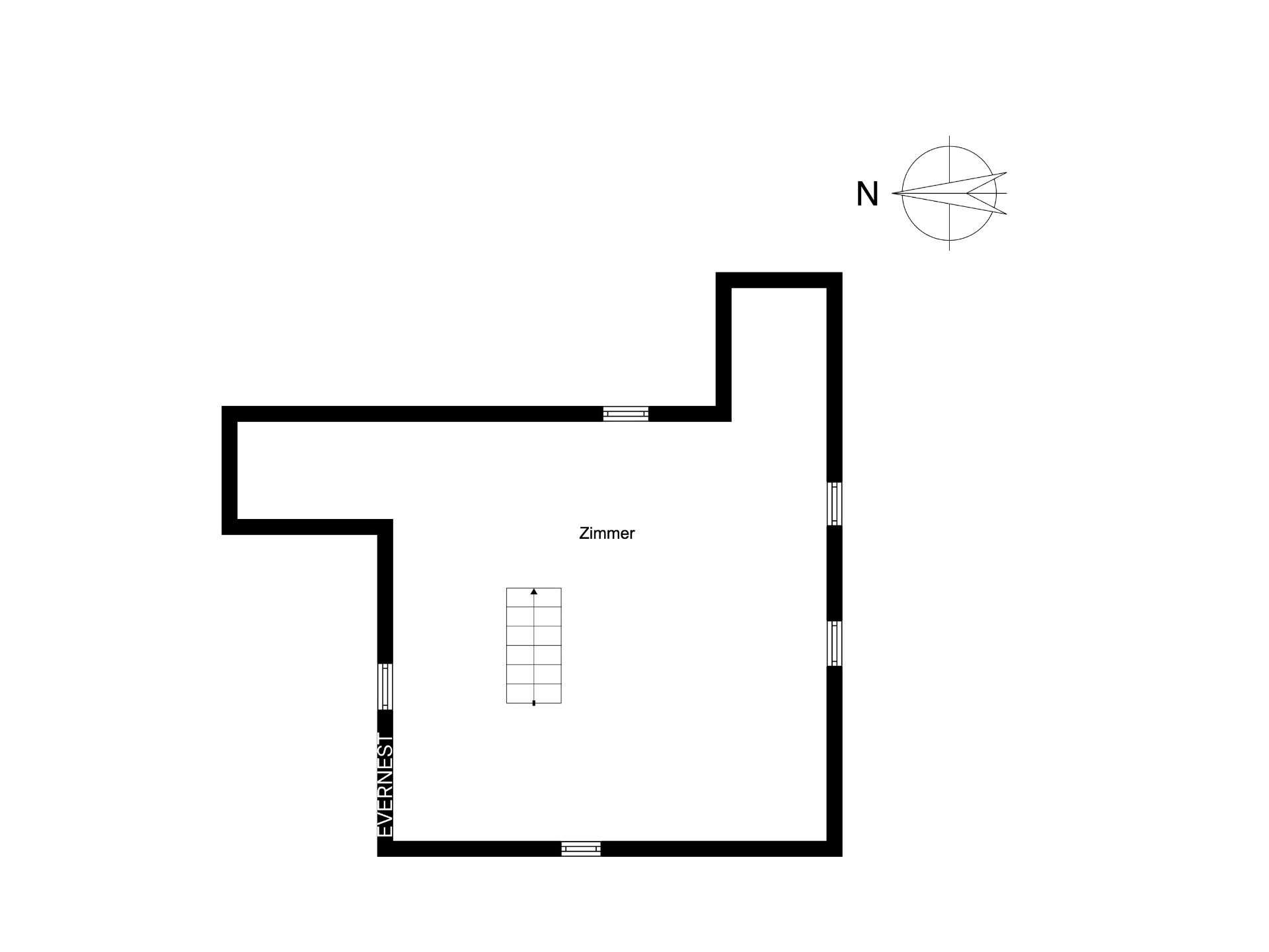 Grundriss mit einem Zimmer und einer Treppe in der Mitte.