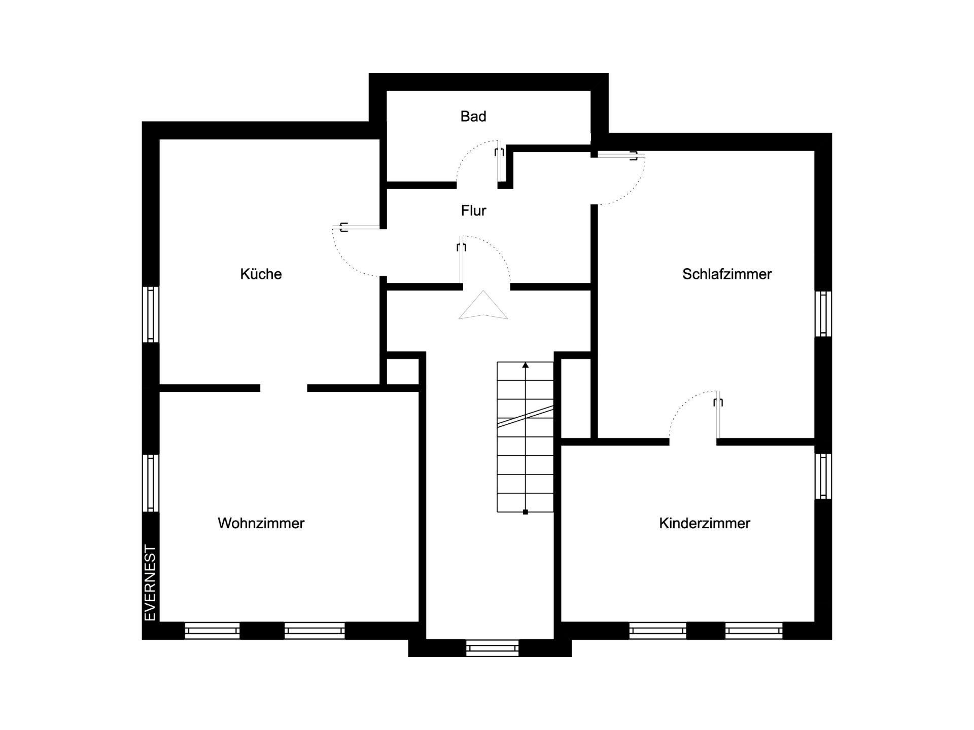 Grundriss eines Hauses mit Wohnzimmer, Küche, Schlafzimmer, Kinderzimmer, Bad und Flur.