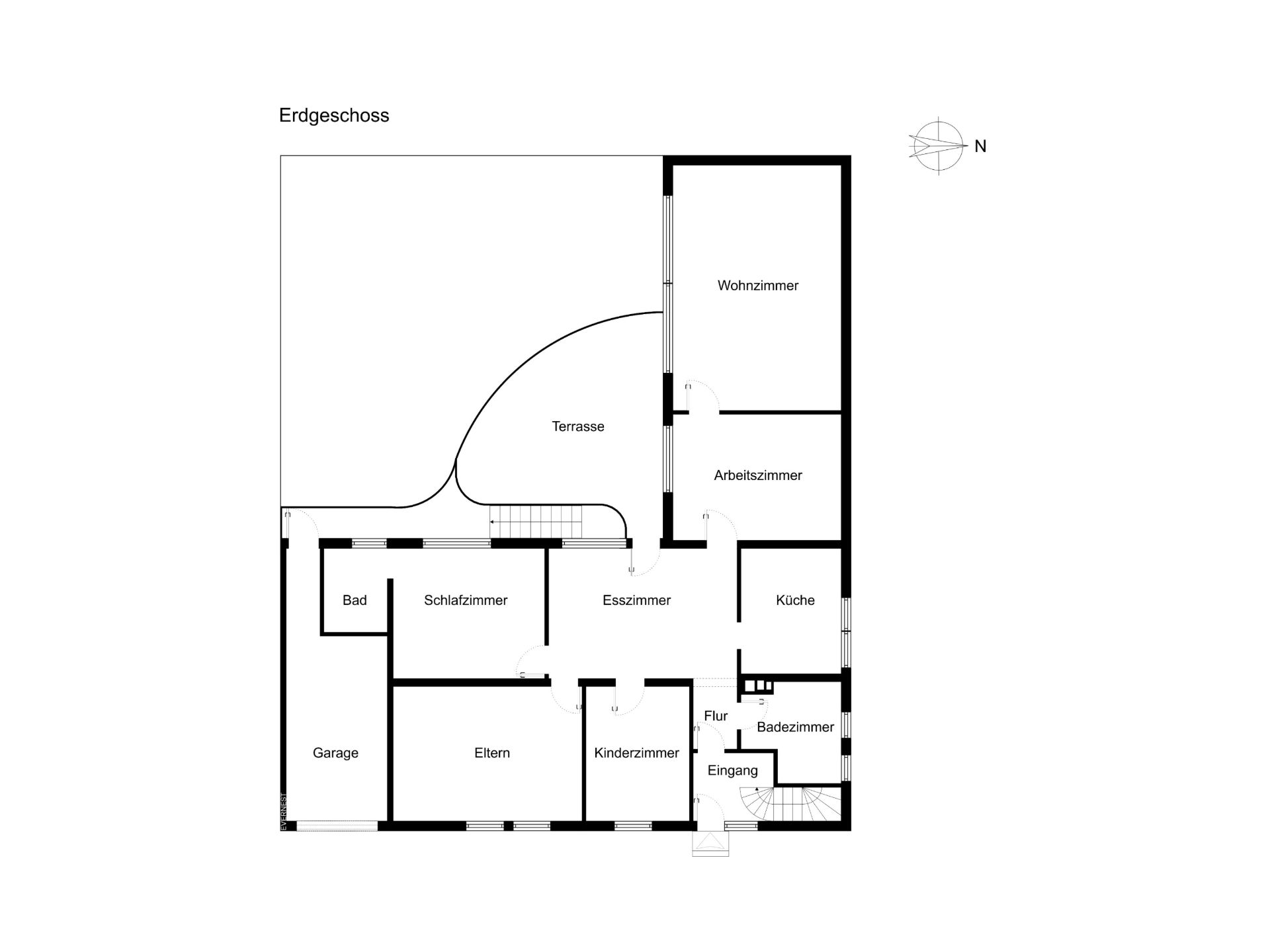 Grundriss des Erdgeschosses mit Wohnzimmer, Arbeitszimmer, Küche, Schlafzimmer und Terrasse.