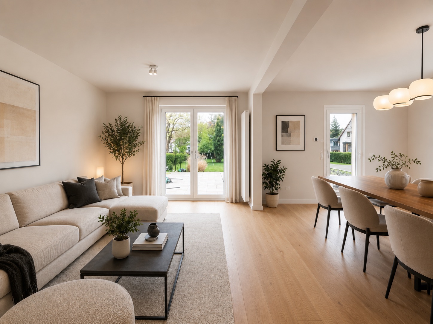 Helles Wohnzimmer mit großem Sofa, Couchtisch und Essbereich, Blick auf Garten durch Glastüren.