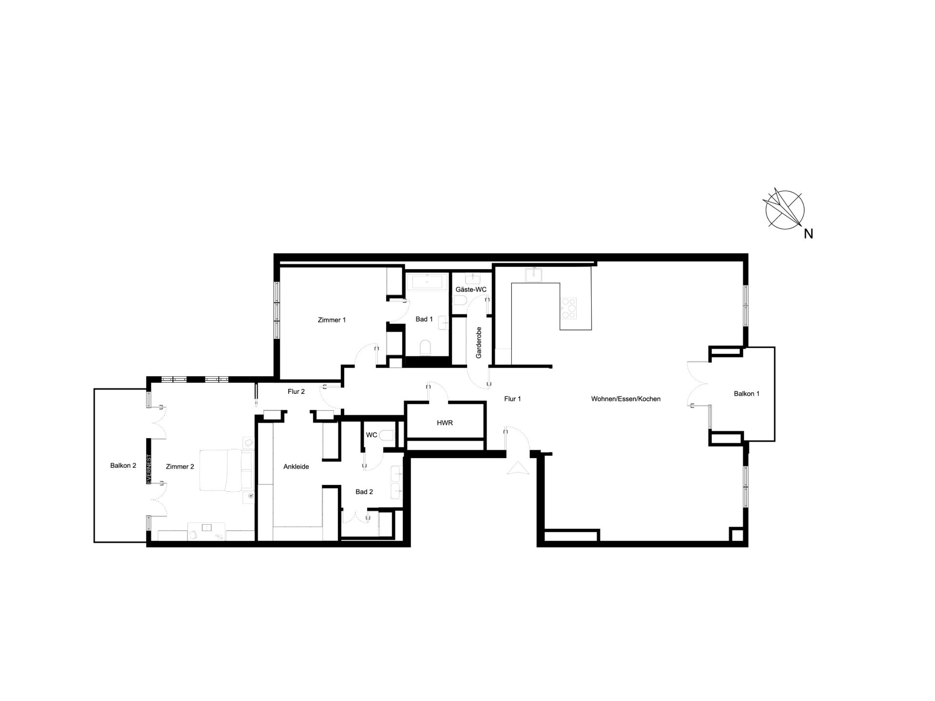 Grundriss einer Wohnung mit zwei Balkonen, mehreren Zimmern, Bädern und Wohnbereich.