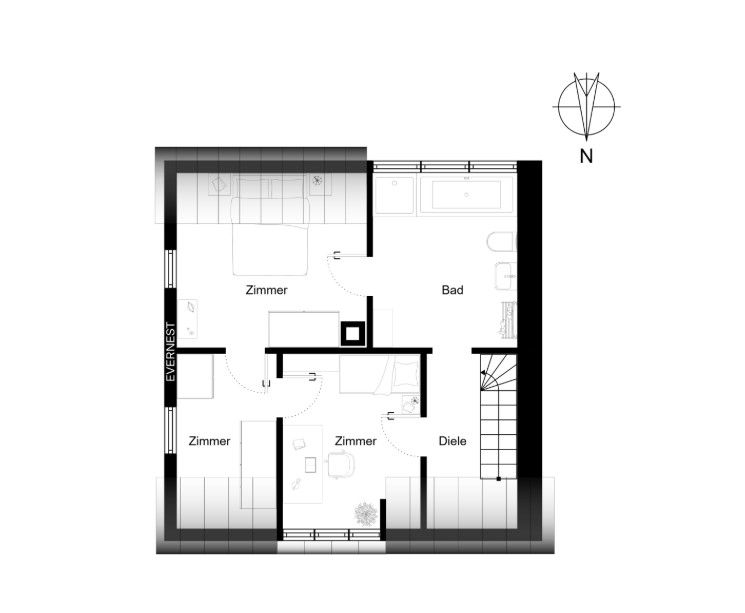 Grundriss mit drei Zimmern, einem Bad, Diele und Treppe, Norden ist markiert.