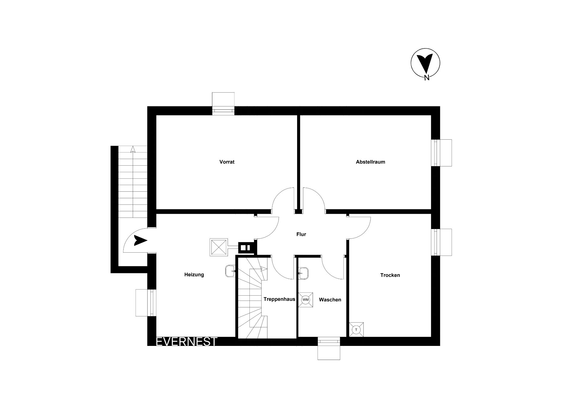 Grundriss mit Vorratsraum, Abstellraum, Heizung, Waschen, Trockenraum und Treppenhaus.