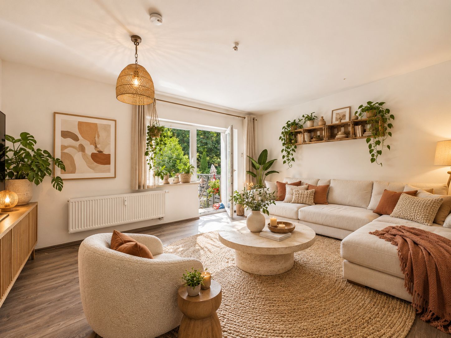 Helles Wohnzimmer mit großem Sofa, runden Tischen, Pflanzen und offenem Fenster zum Garten.