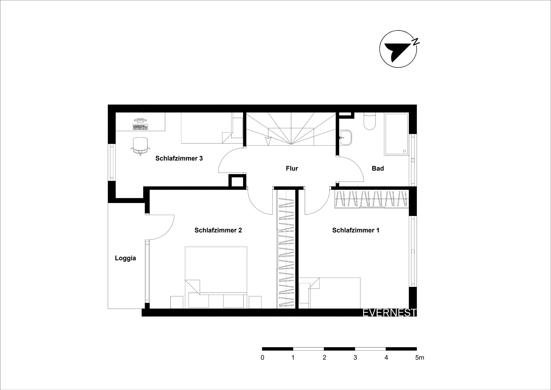 Grundriss mit drei Schlafzimmern, Bad, Flur und Loggia.