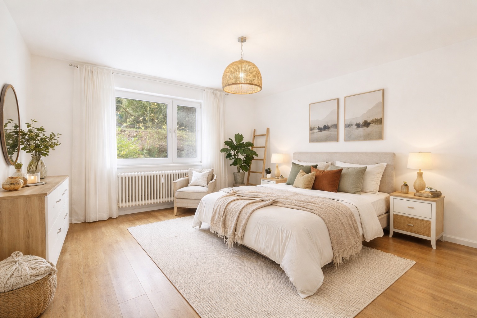 Helles Schlafzimmer mit Doppelbett, großem Fenster, Holzfußboden und moderner Einrichtung.